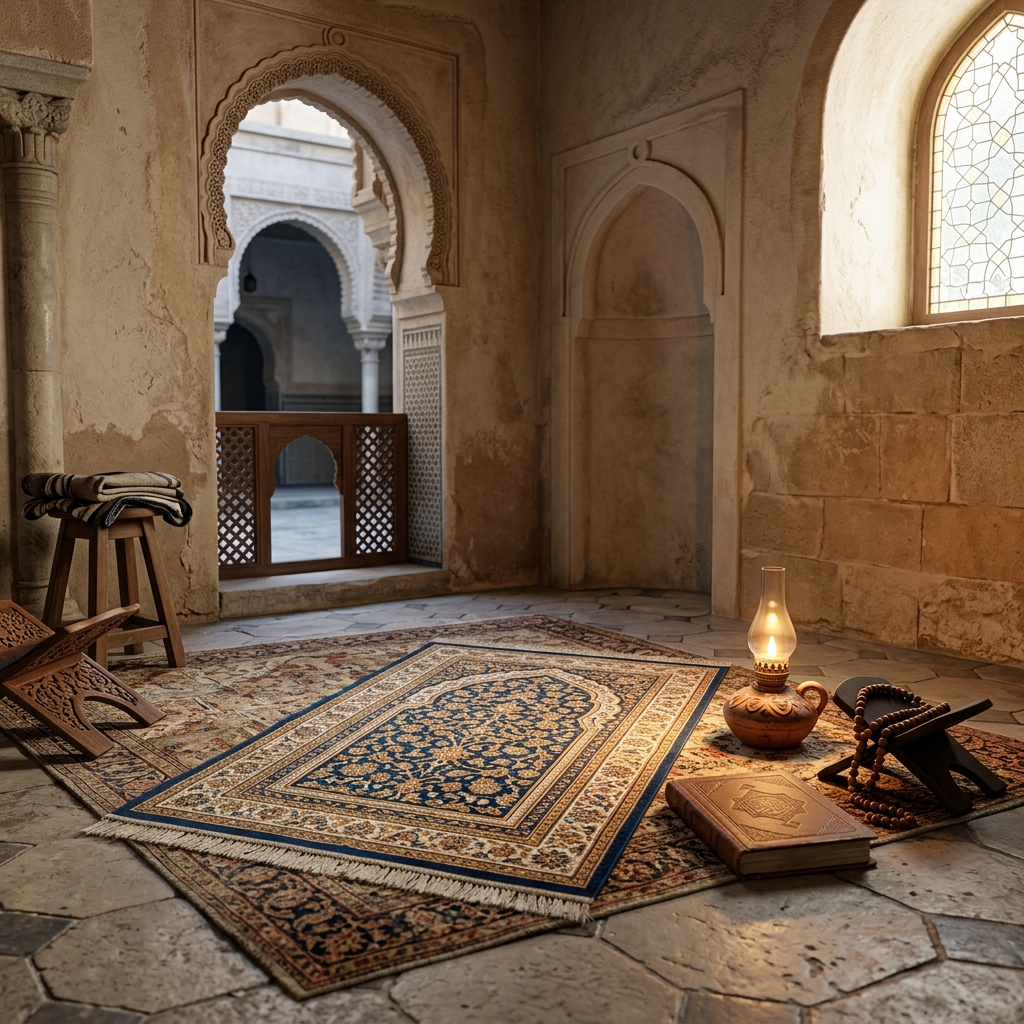 A prayer mat sits beside a small ceramic lamp in a quiet devotional corner