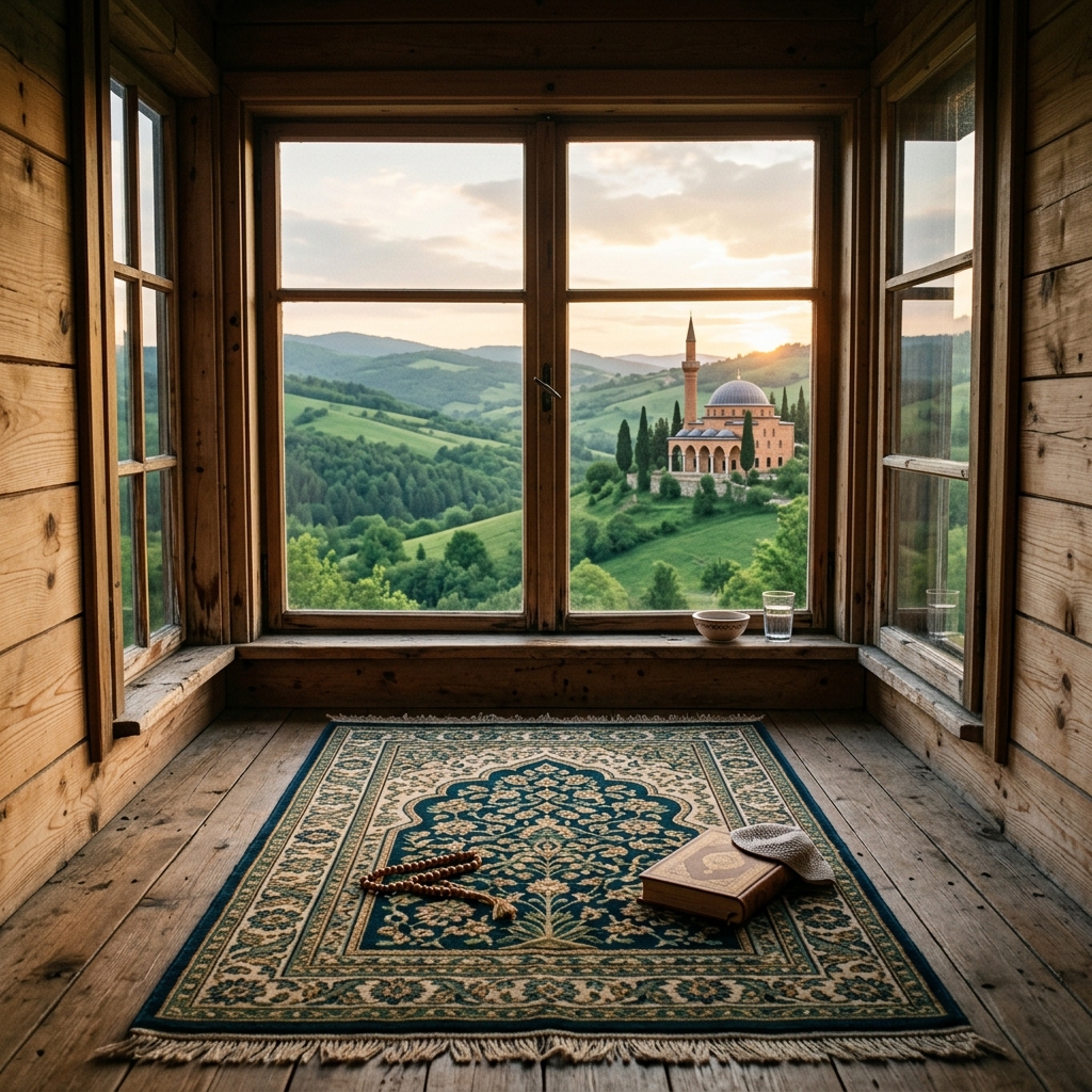 A prayer mat is arranged near a wooden cabin window overlooking green hills