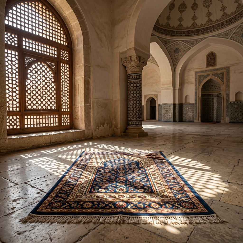 A geometric prayer mat lies flat beneath patterned light from a lattice window