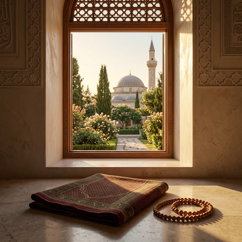 A folded prayer mat and wooden prayer beads rest beside a sunlit garden window