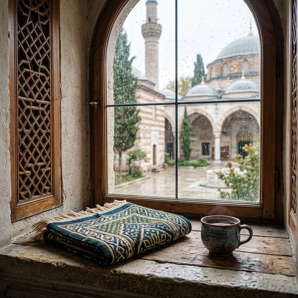 A folded prayer mat and ceramic cup sit beside a rain-speckled window