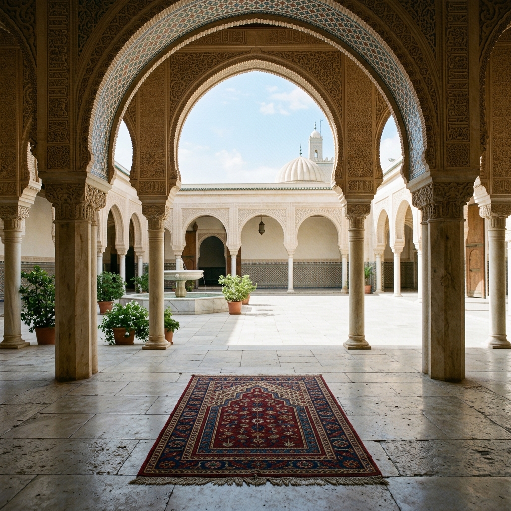 A prayer mat lies on clean courtyard paving beneath the shade of an arch