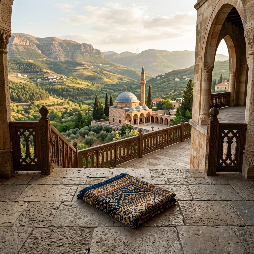 A folded prayer mat rests on a clean stone terrace above a peaceful valley