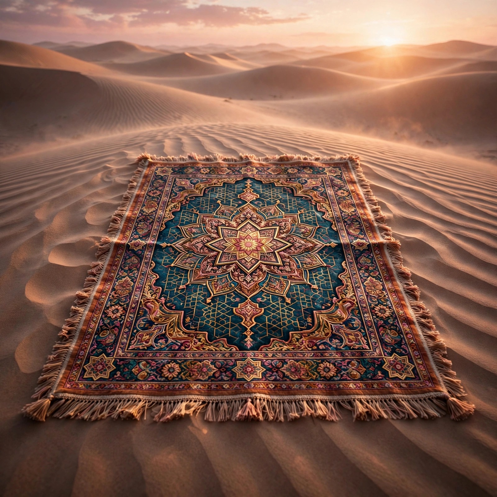 Prayer Rug on Desert Sand at Dawn, square islamic WhatsApp DP
