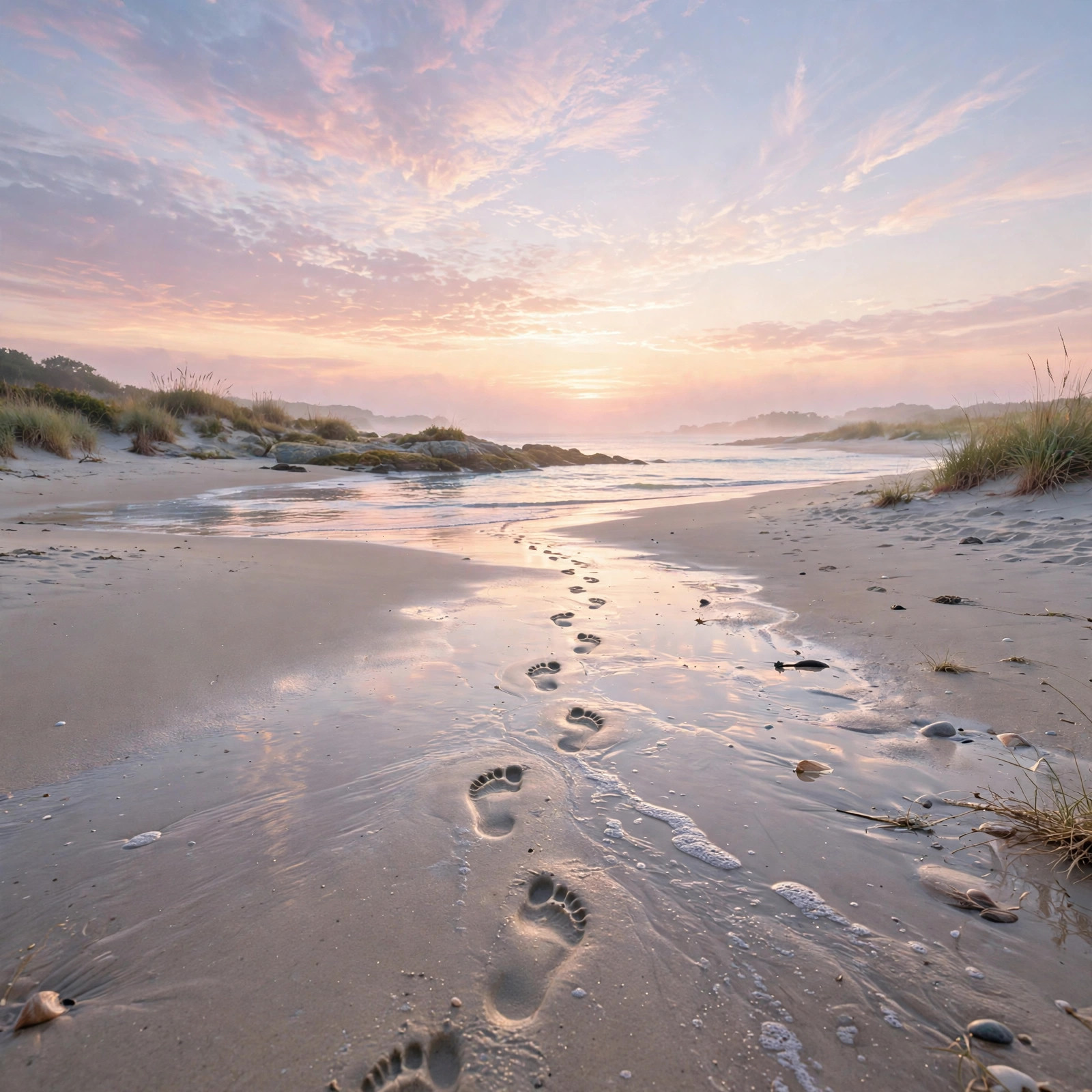 Pristine beach at sunrise with a trail of footprints leading along the wet sand