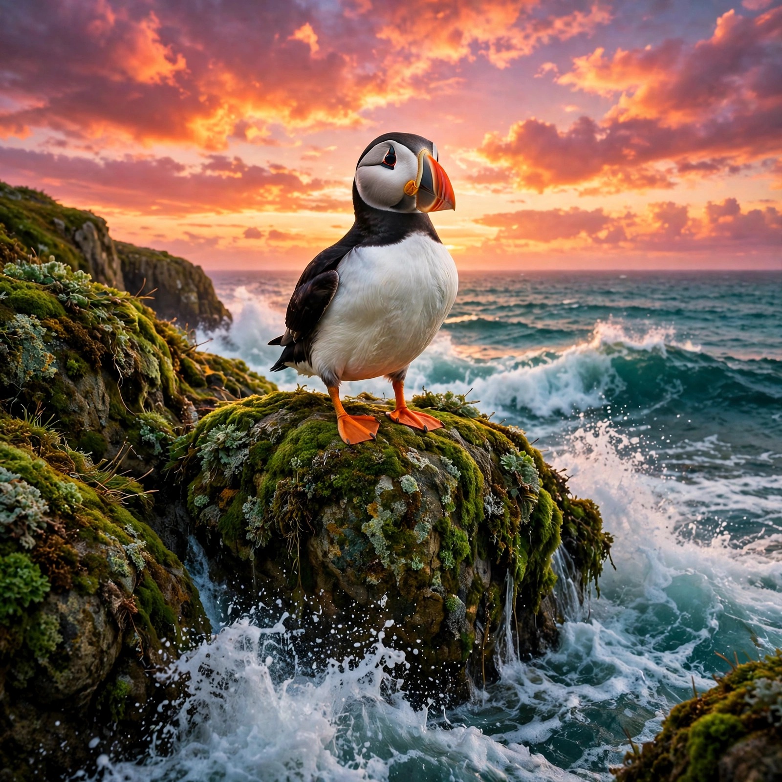 Atlantic puffin on a mossy sea cliff at sunset over teal ocean waves, animal WhatsApp DP