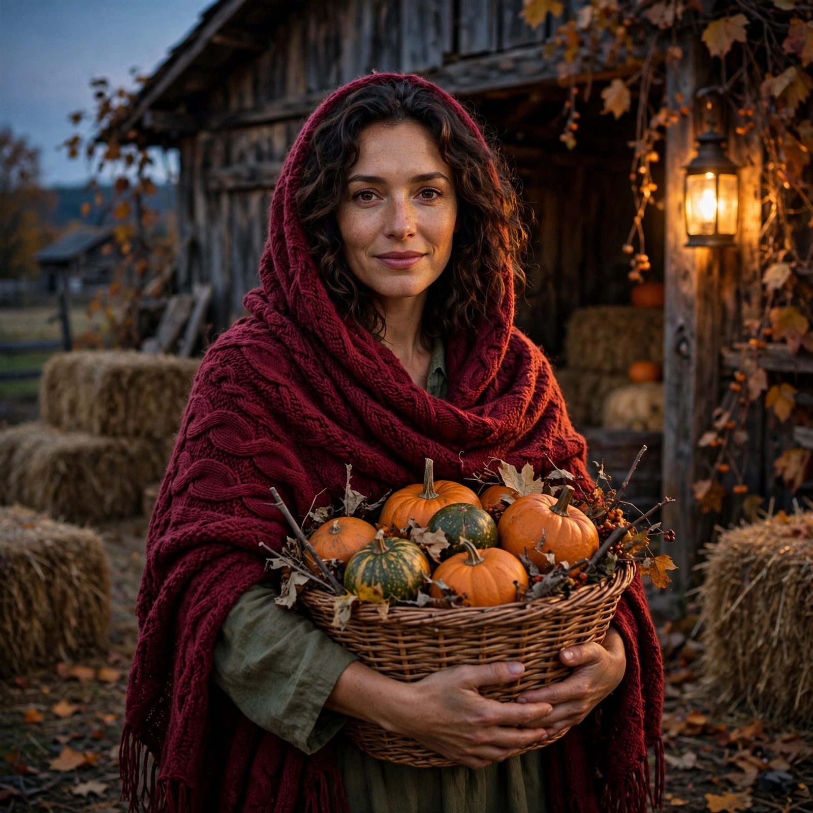 Woman in cranberry shawl holding pumpkin basket beside a barn at dusk, autumn WhatsApp DP
