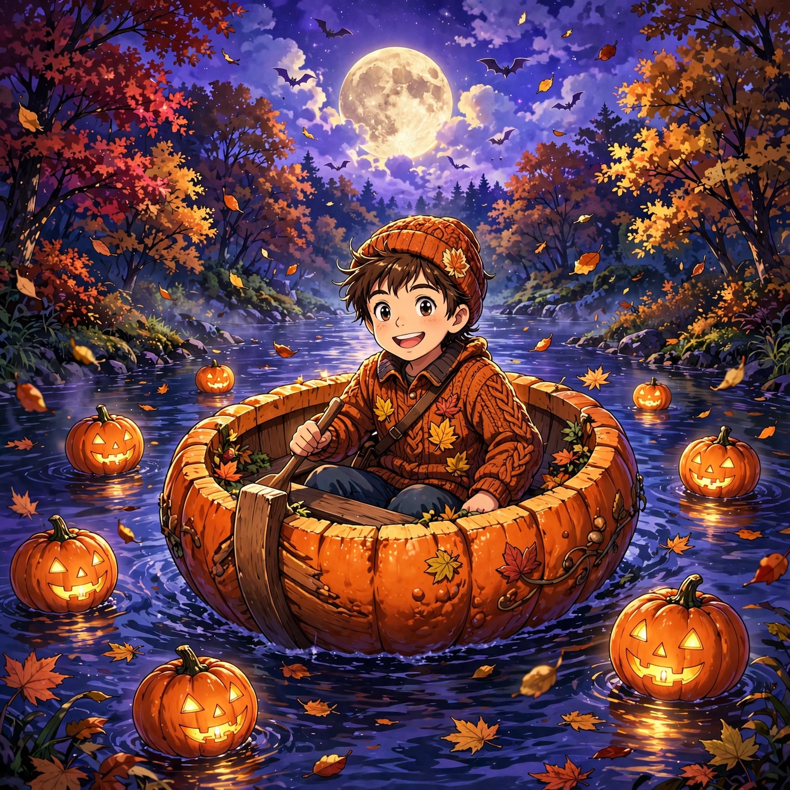 Cheerful boy rowing a giant pumpkin boat on a moonlit river among jack-o-lanterns