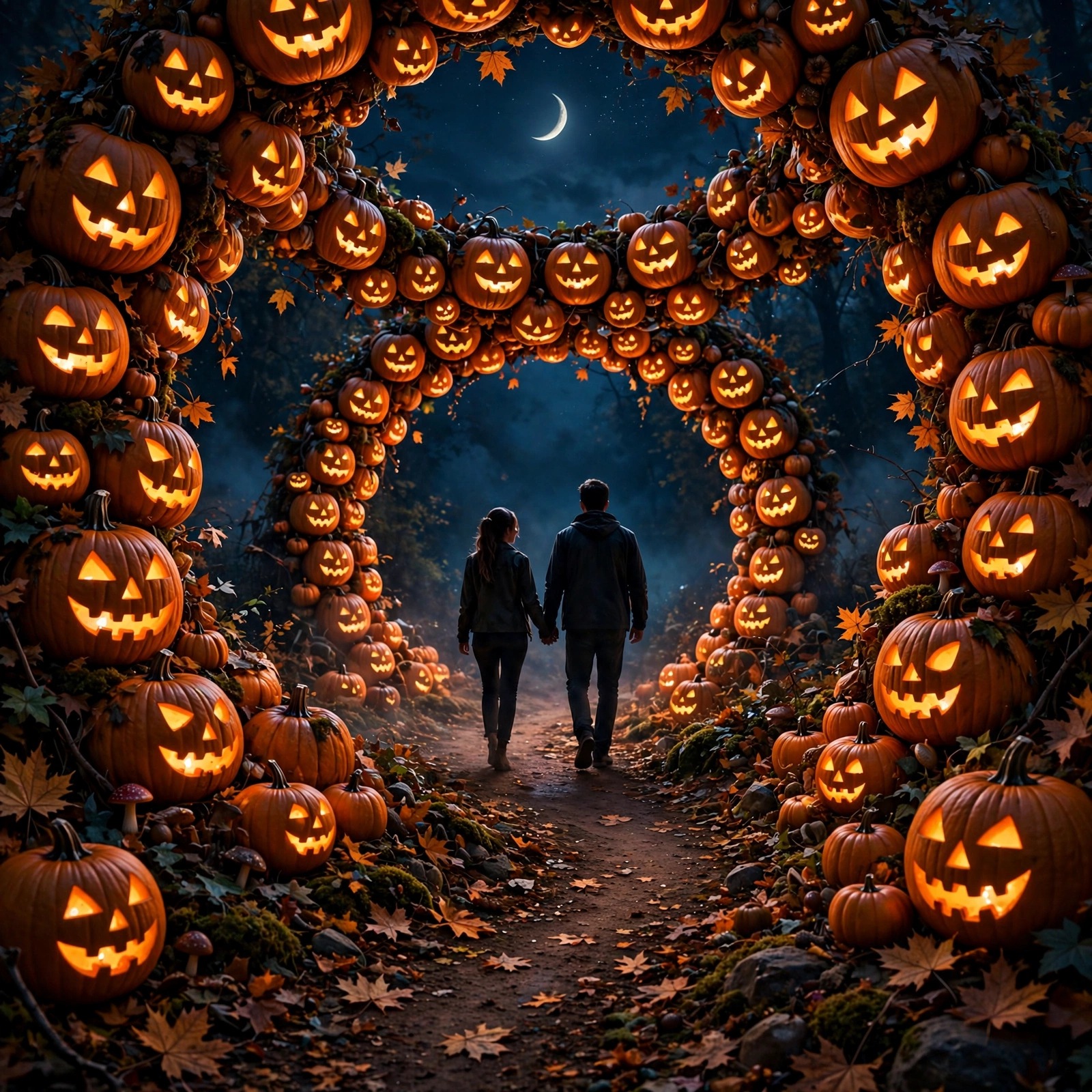 Couple walking through a glowing tunnel of carved pumpkins at night, Halloween love DP