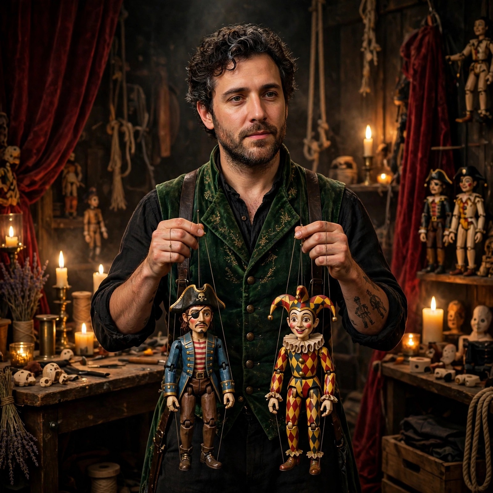 Puppeteer holding wooden marionettes in a candlelit backstage theatre, boys WhatsApp DP