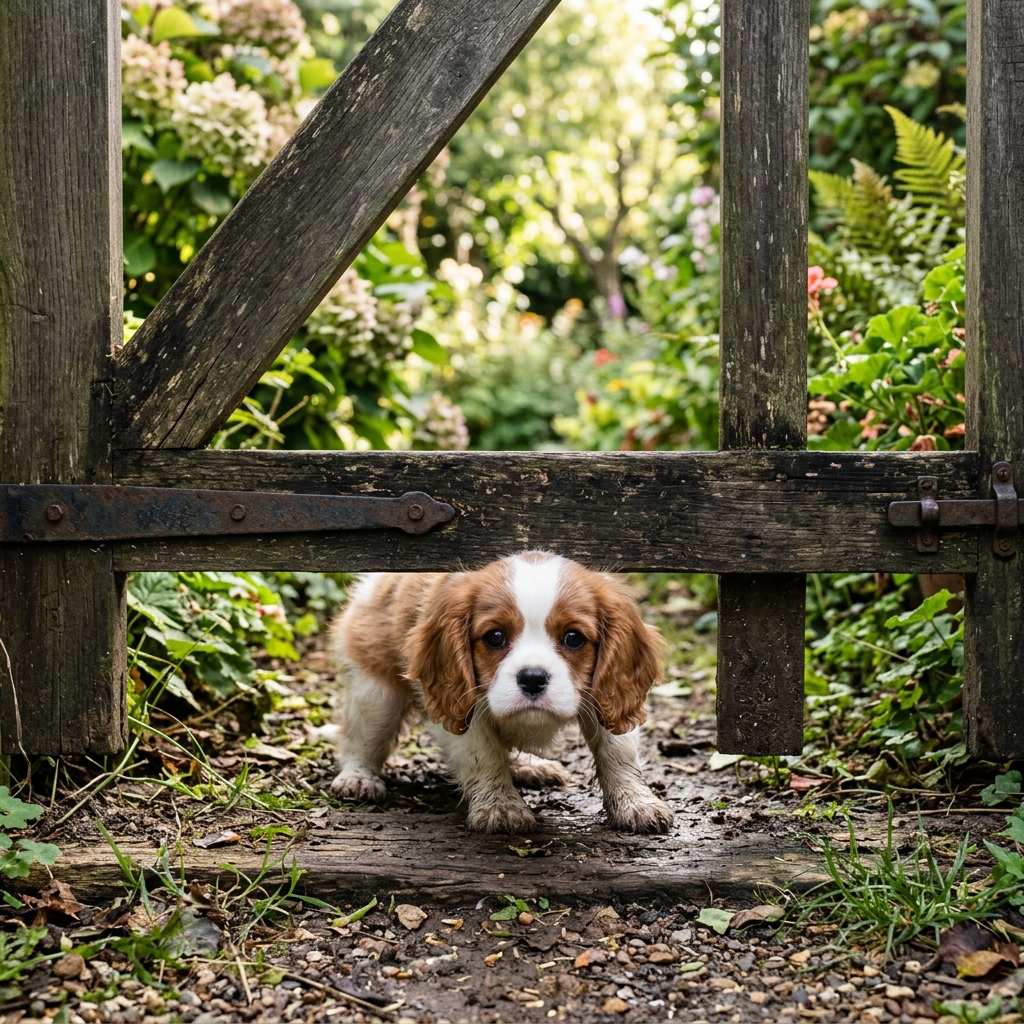 A small spaniel puppy peers beneath an open wooden garden gate