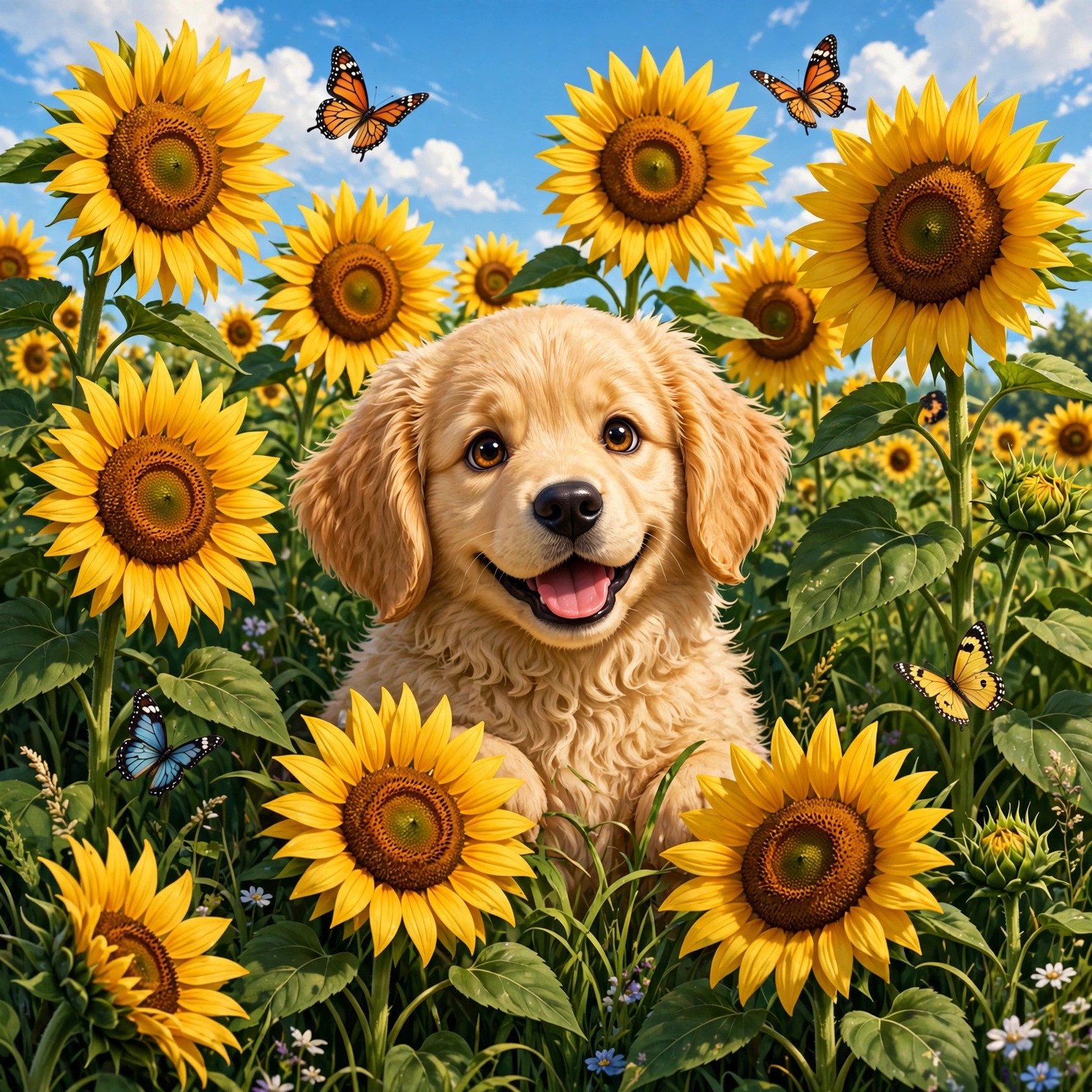 puppy in sunflower field with butterflies cute dp