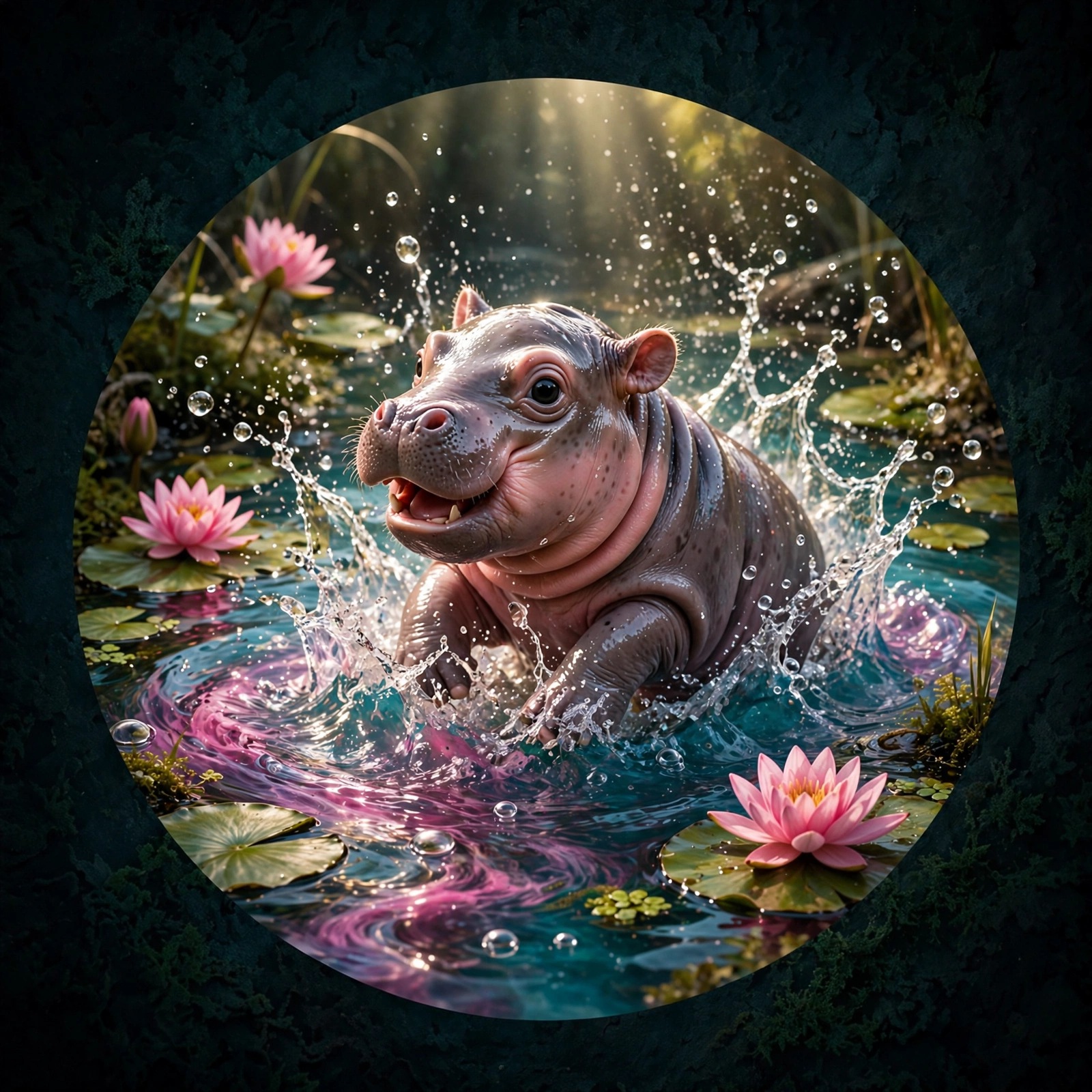 baby pygmy hippopotamus with glossy pink-grey skin splashing joyfully in a turquoise pond with pink water lilies and flying droplets. cute dp