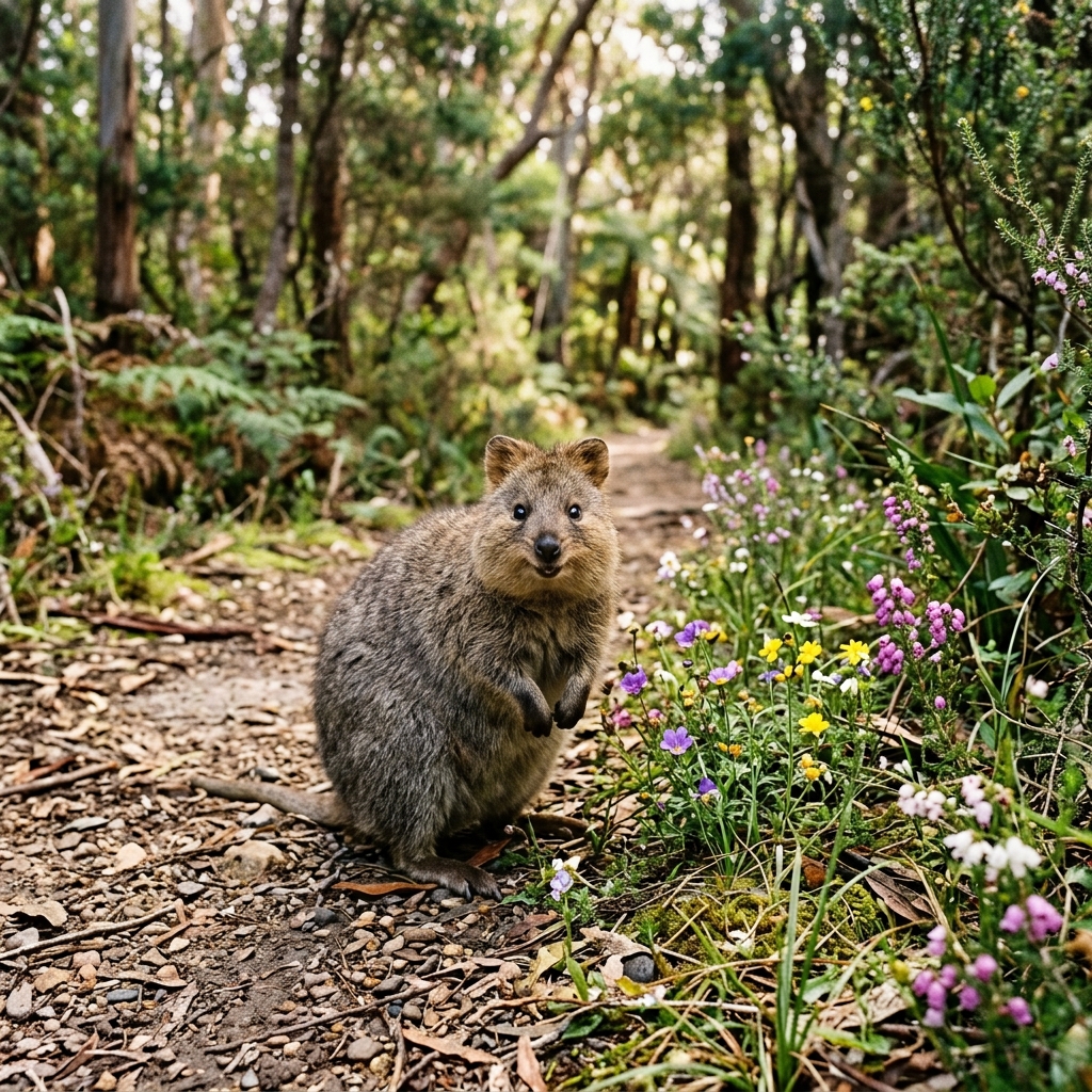 A round-faced quokka sits beside tiny wildflowers on a woodland path