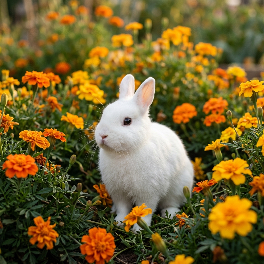 A white rabbit sits among low marigold flowers in afternoon sunshine