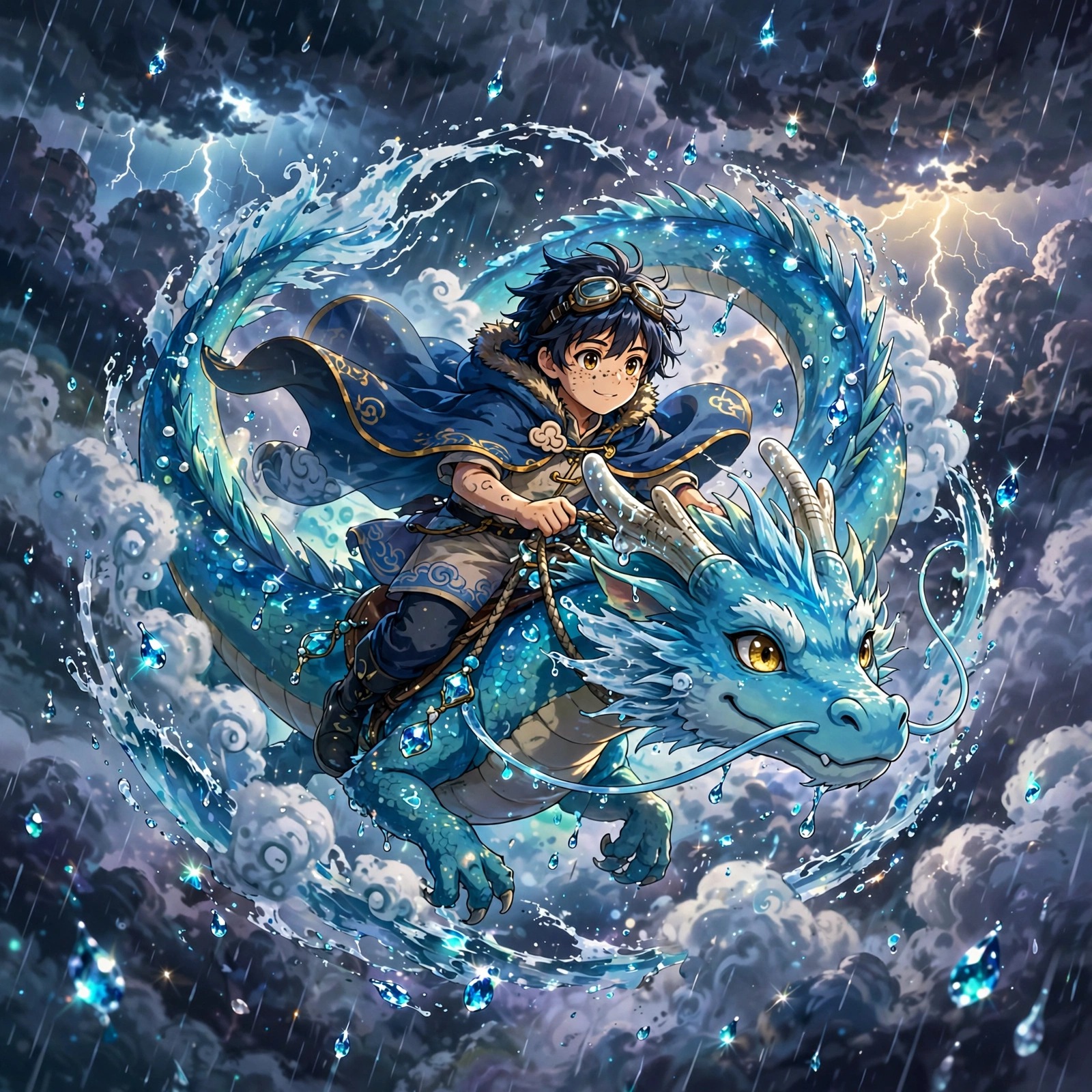 Anime boy riding a blue rain dragon through storm clouds