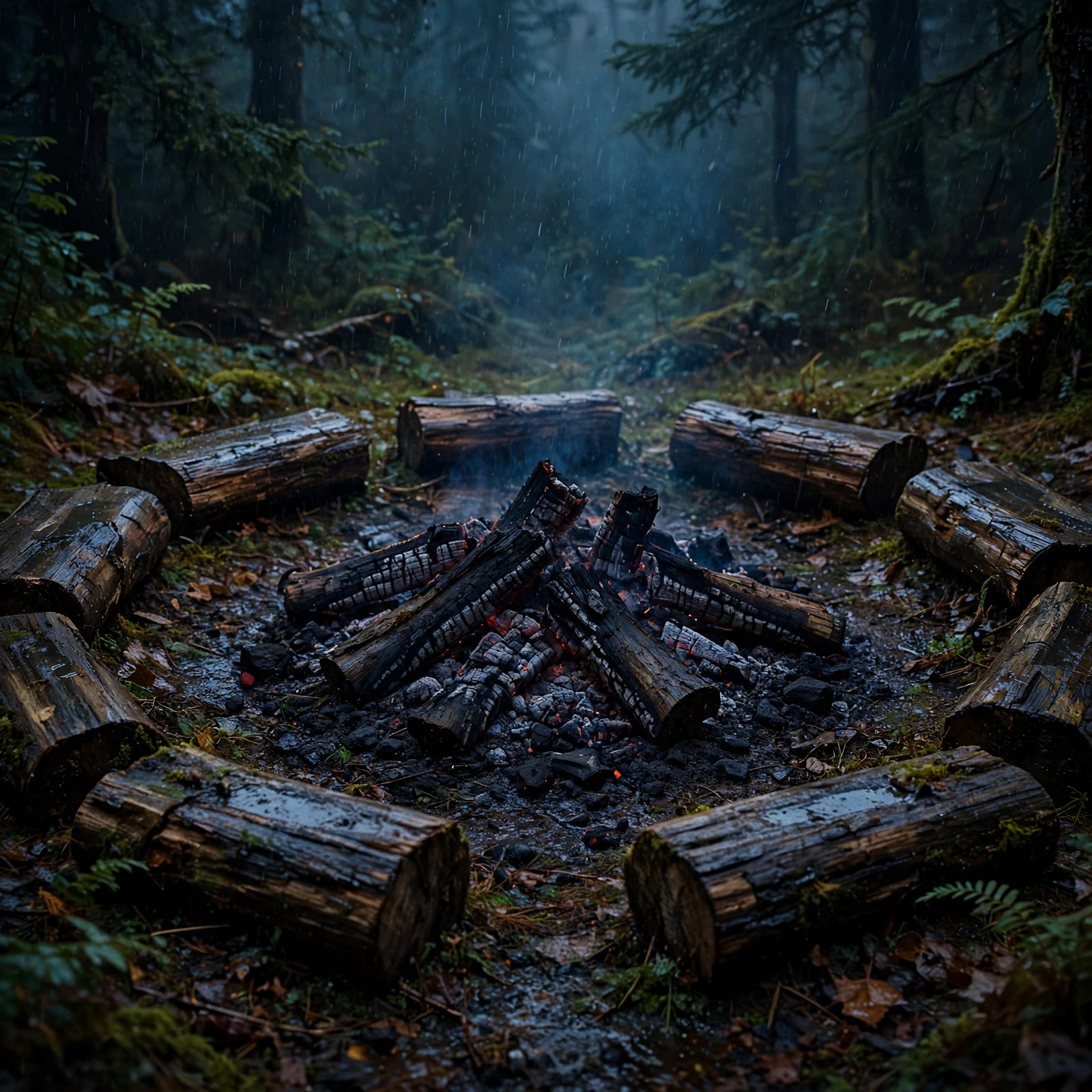 Dying Campfire Embers in the Rain