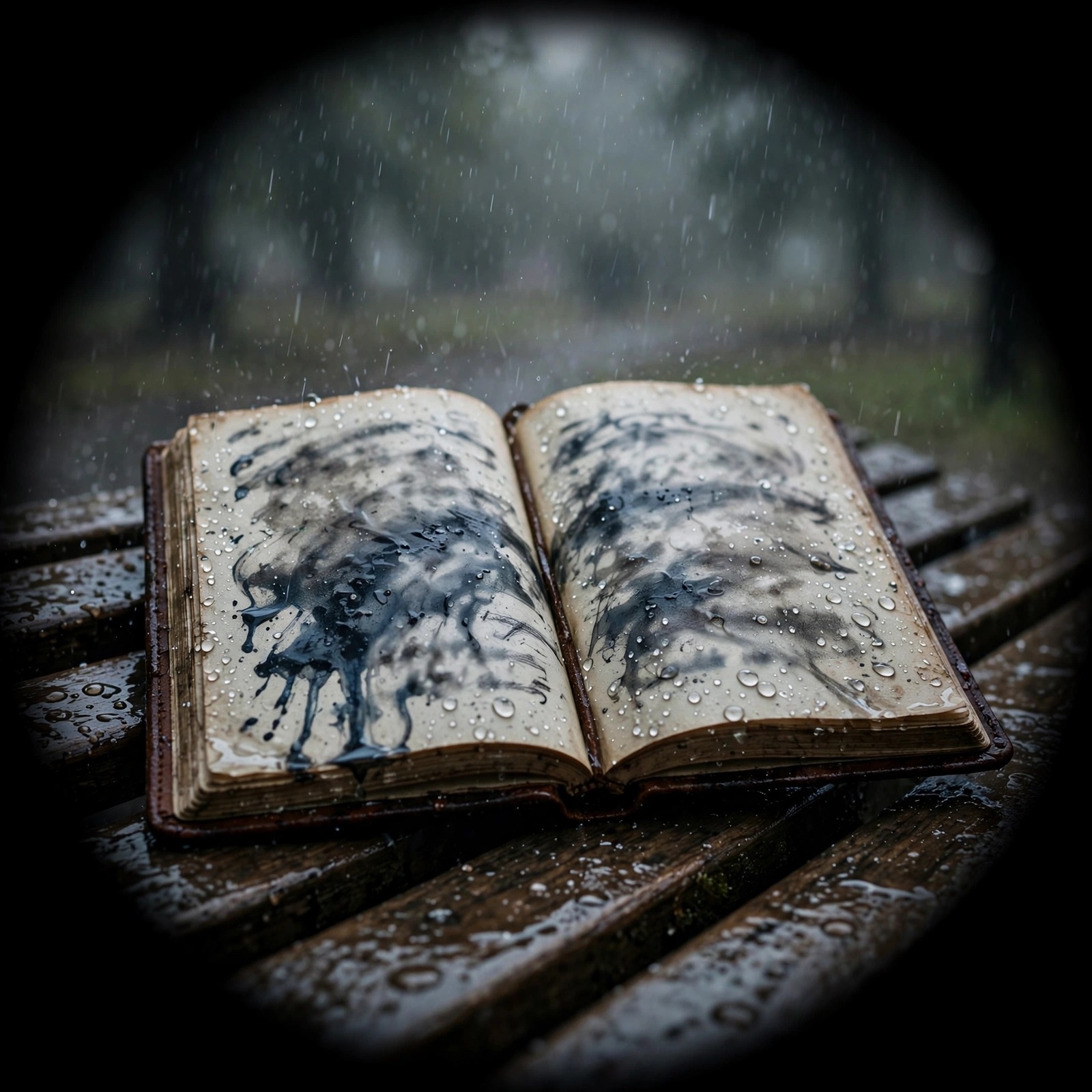 Rain-soaked diary with blurred ink on a bench, sad DP