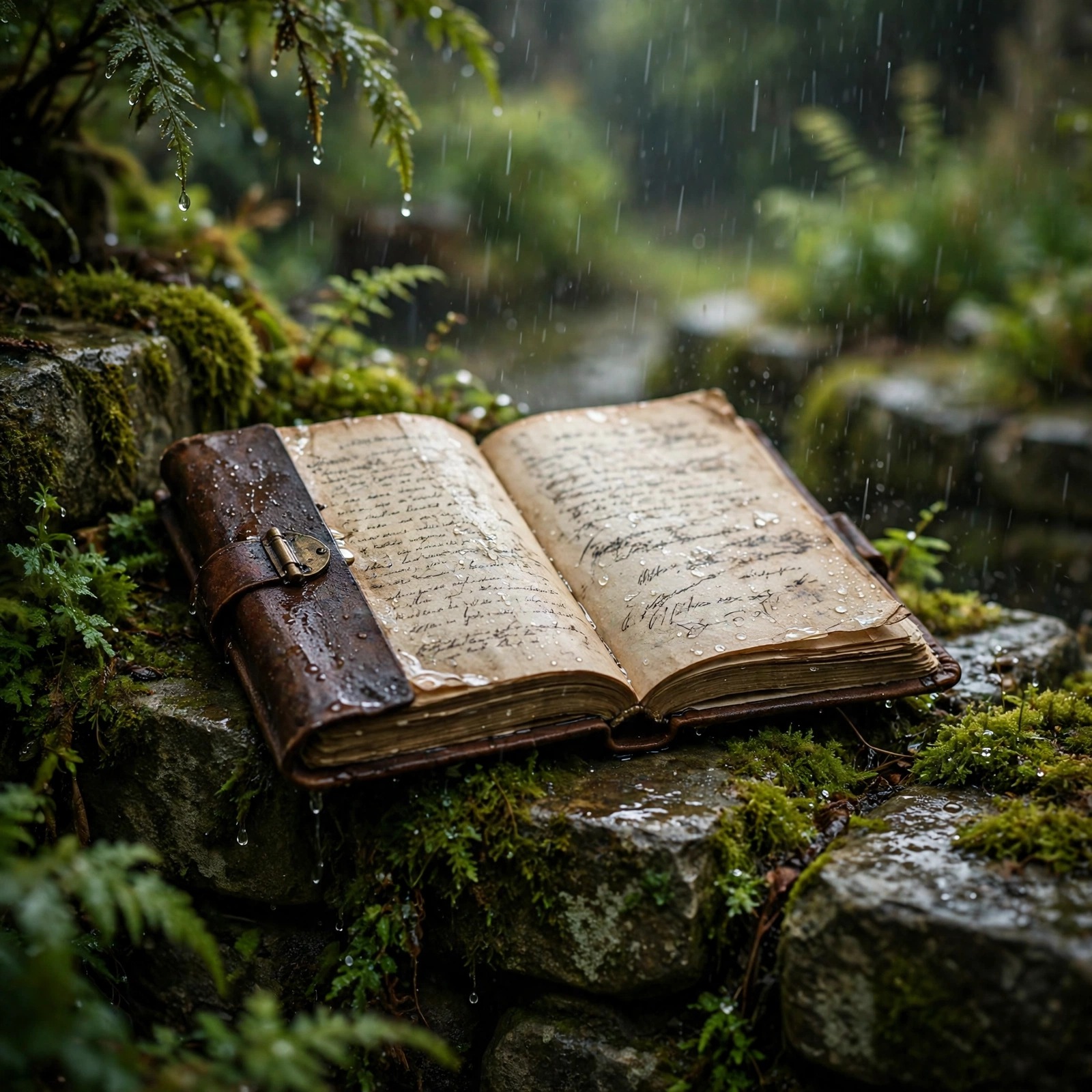 Rain-Soaked Diary on a Mossy Stone Wall