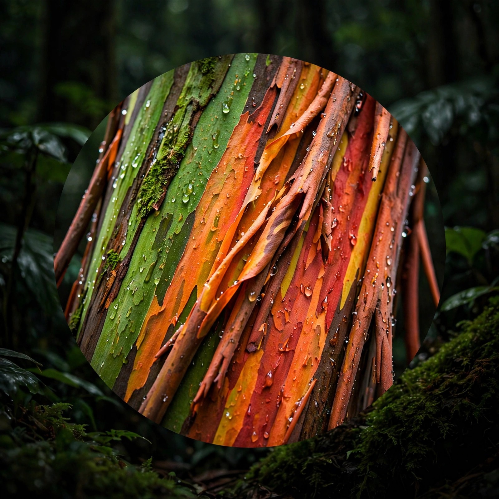 Rainbow eucalyptus bark macro with vivid colorful stripes and droplets, WhatsApp DP