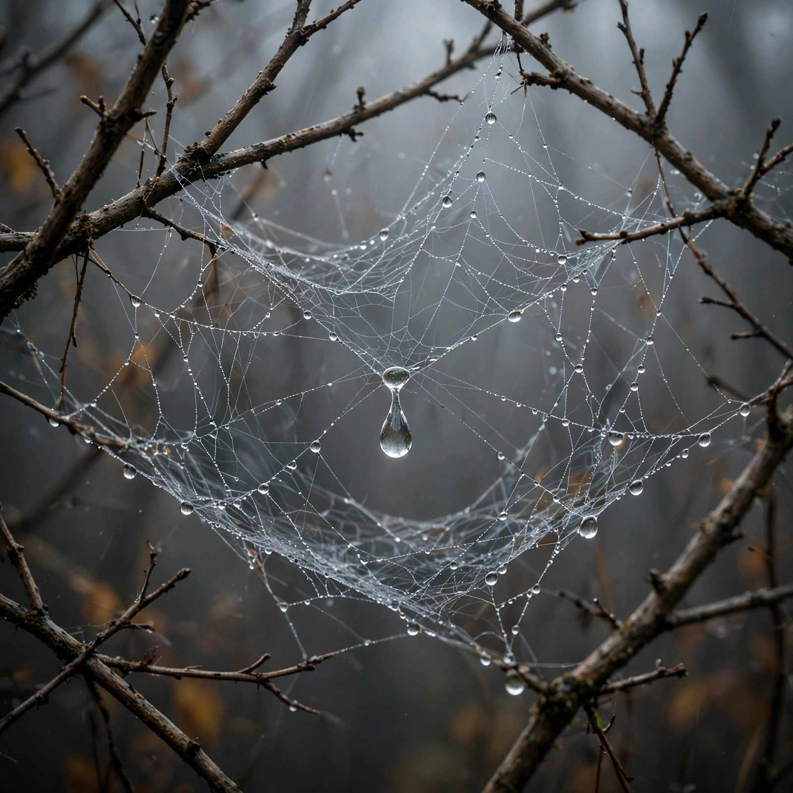 delicate spiderweb heavy with raindrops between bare branches sad dp