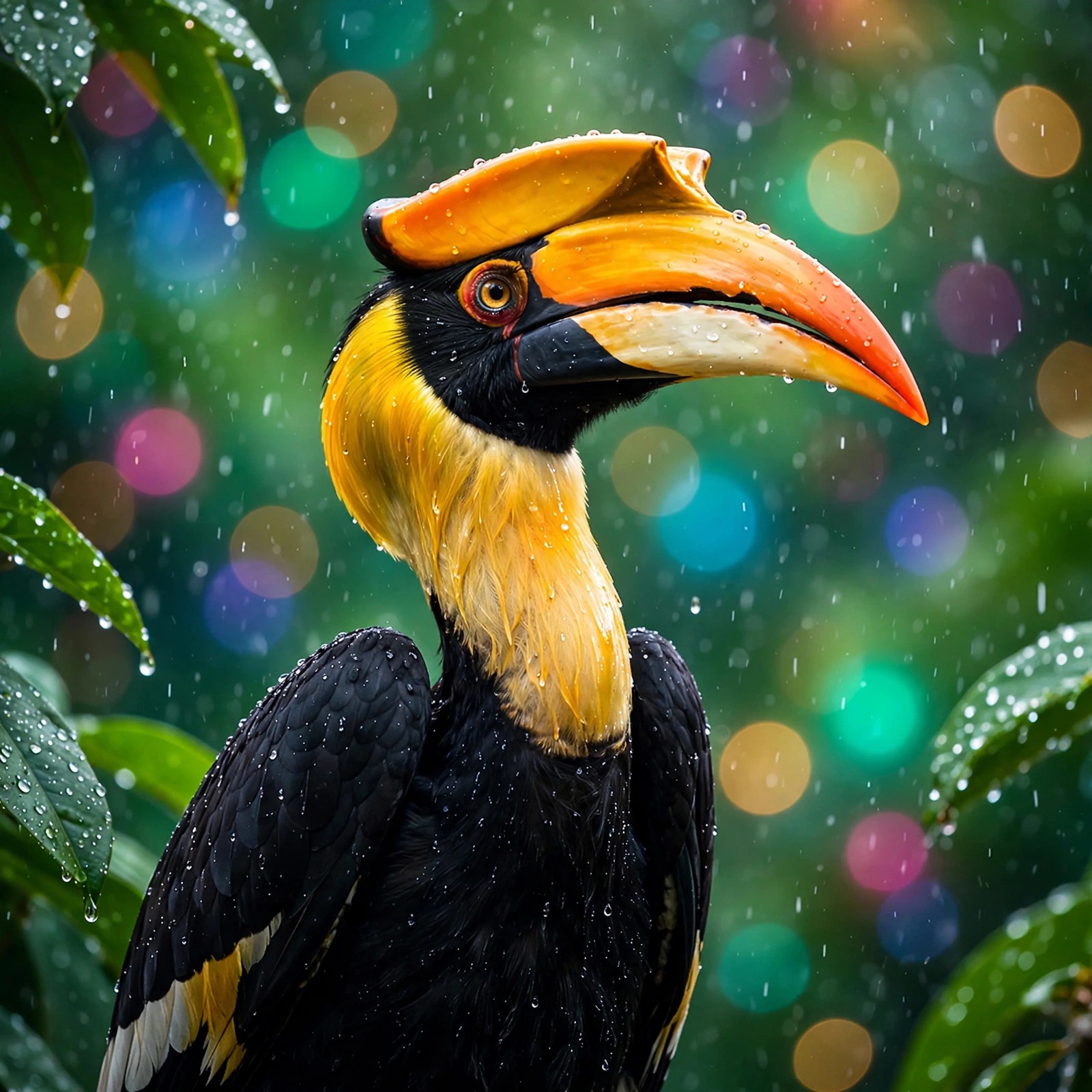 Great hornbill with orange casque in rainy tropical forest, animals WhatsApp DP