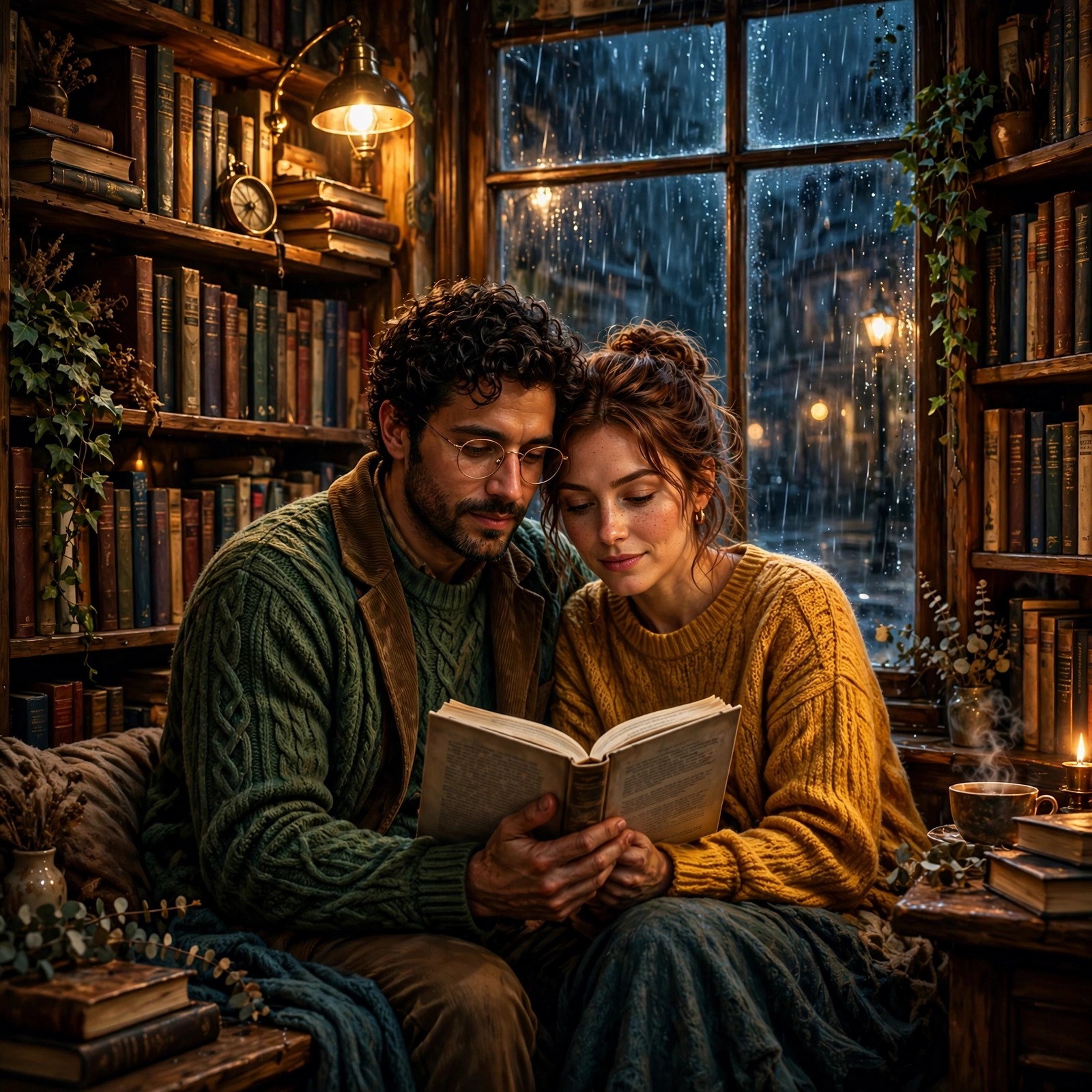 Rainy Bookshop Window Couple Love Dp WhatsApp DP