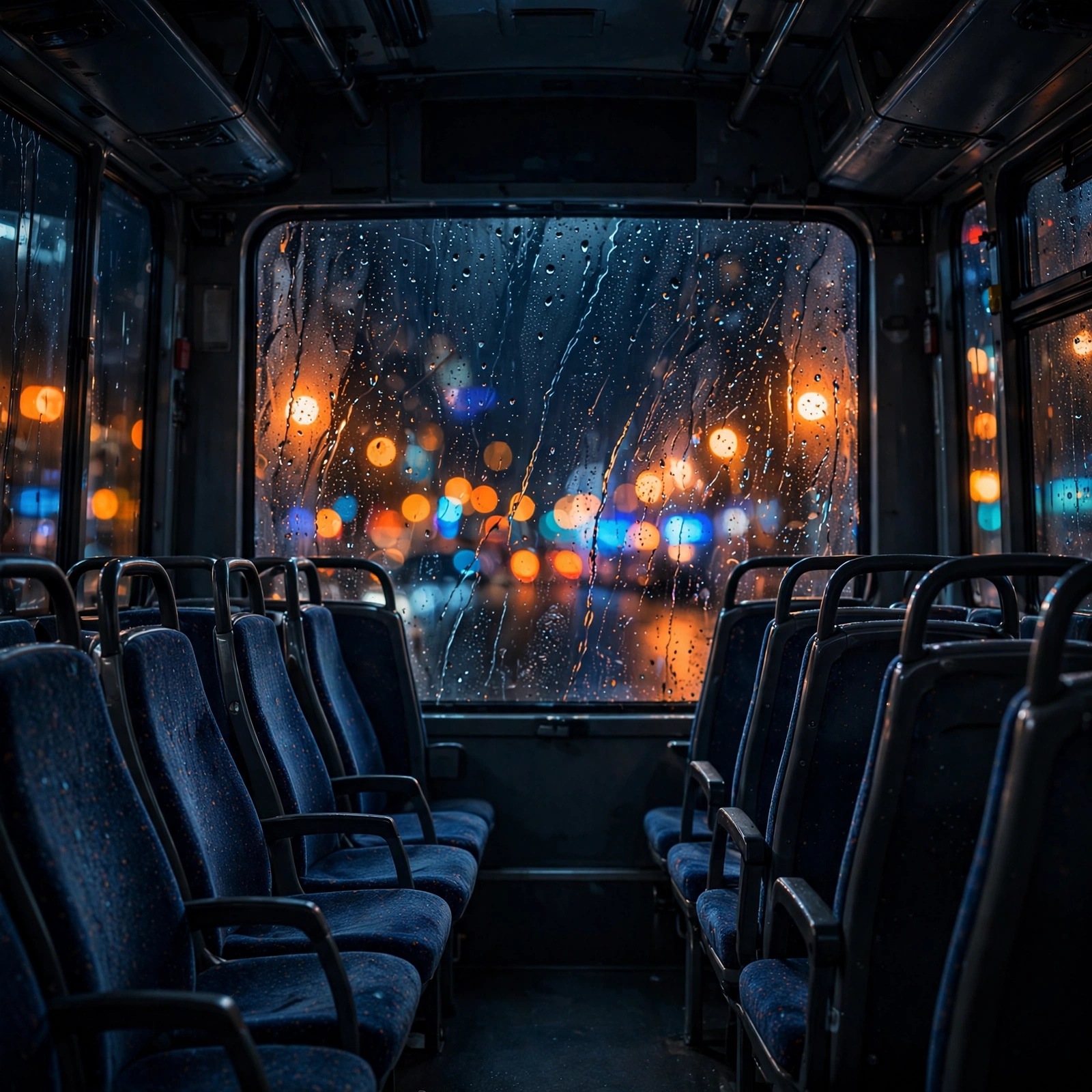 Rain-streaked bus window at night with empty seats and city light bokeh, sad WhatsApp DP