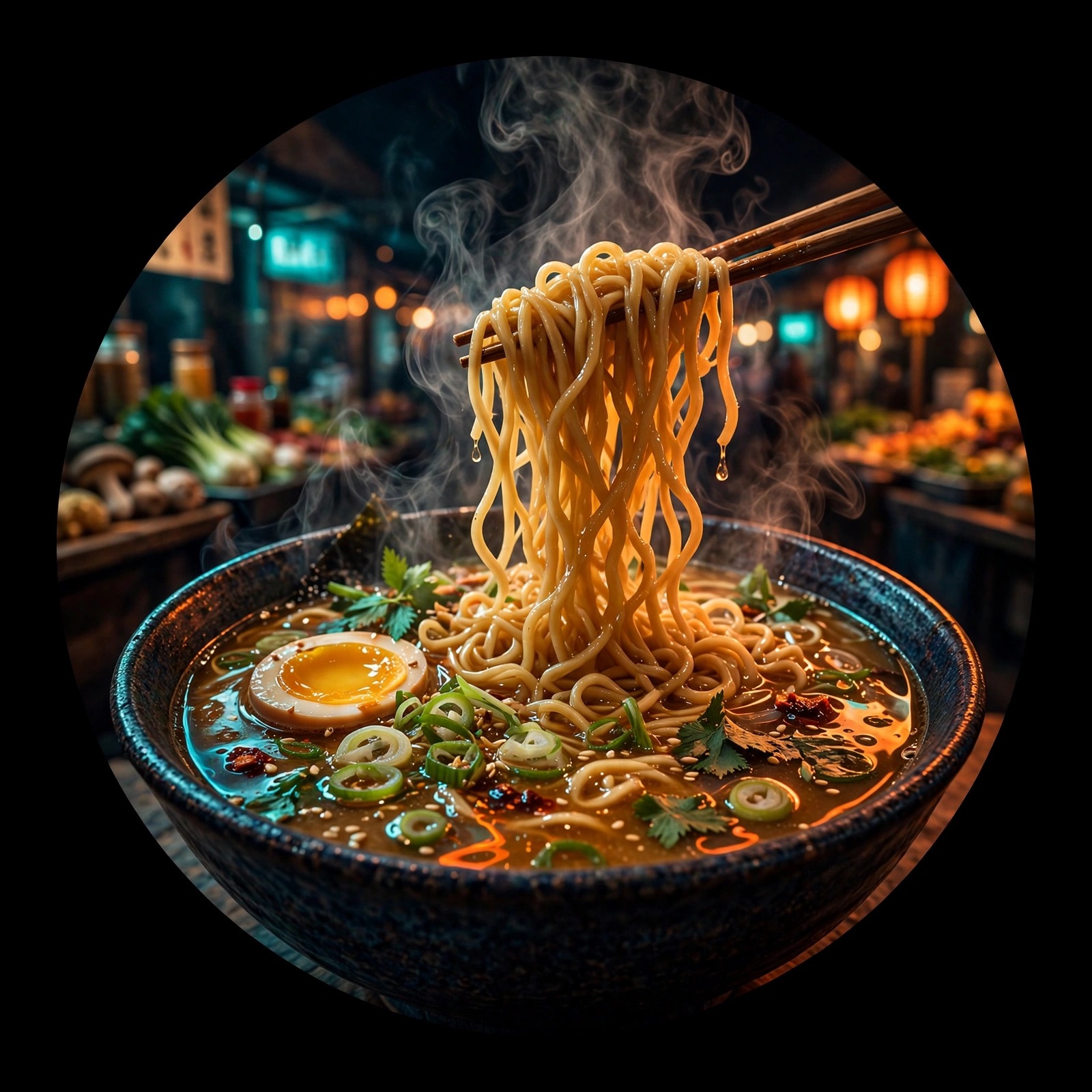 Steaming ramen bowl with chopsticks lifting noodles under neon night market glow, aesthetic DP