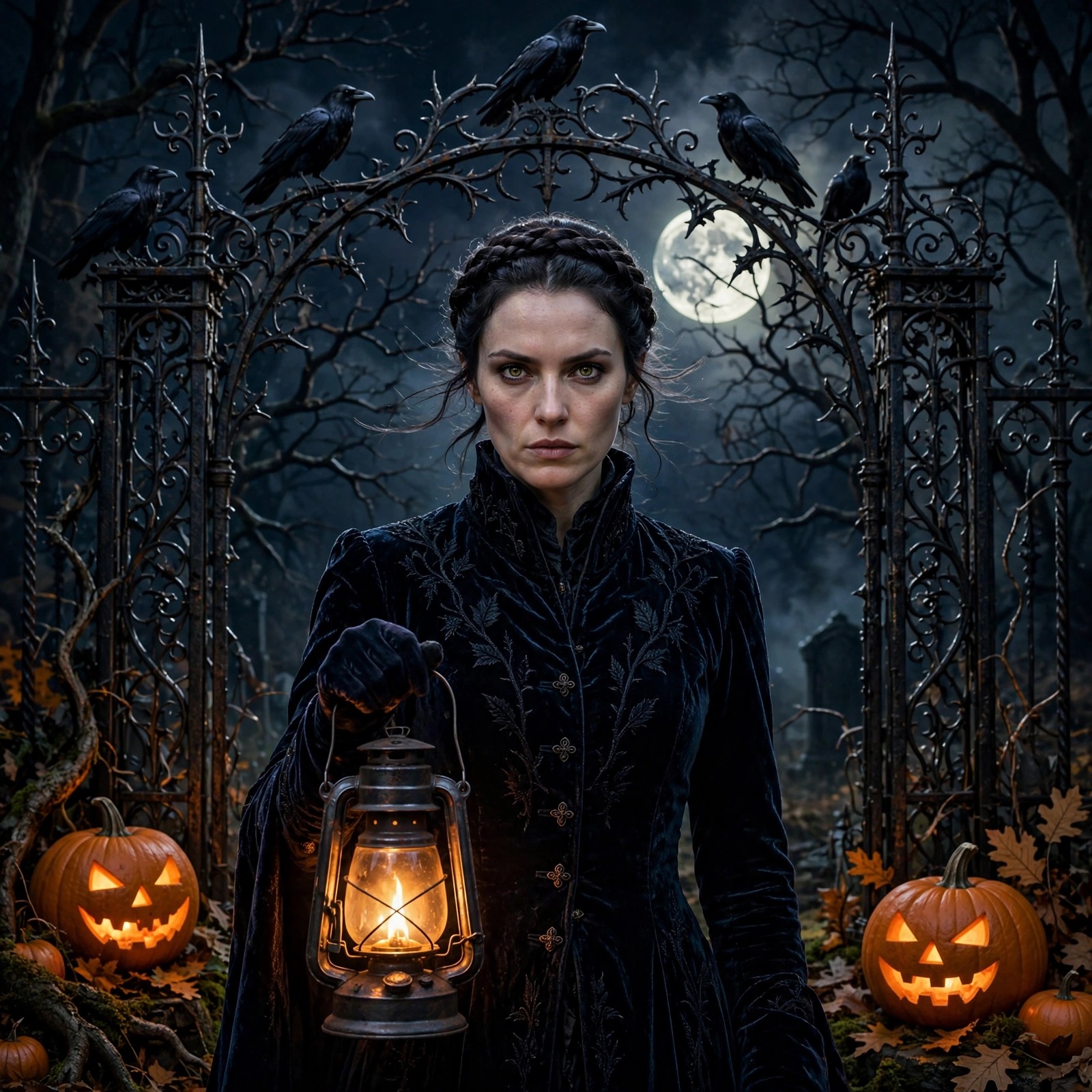 Velvet-coated gatekeeper with lantern at raven cemetery gate under October moon, attitude DP