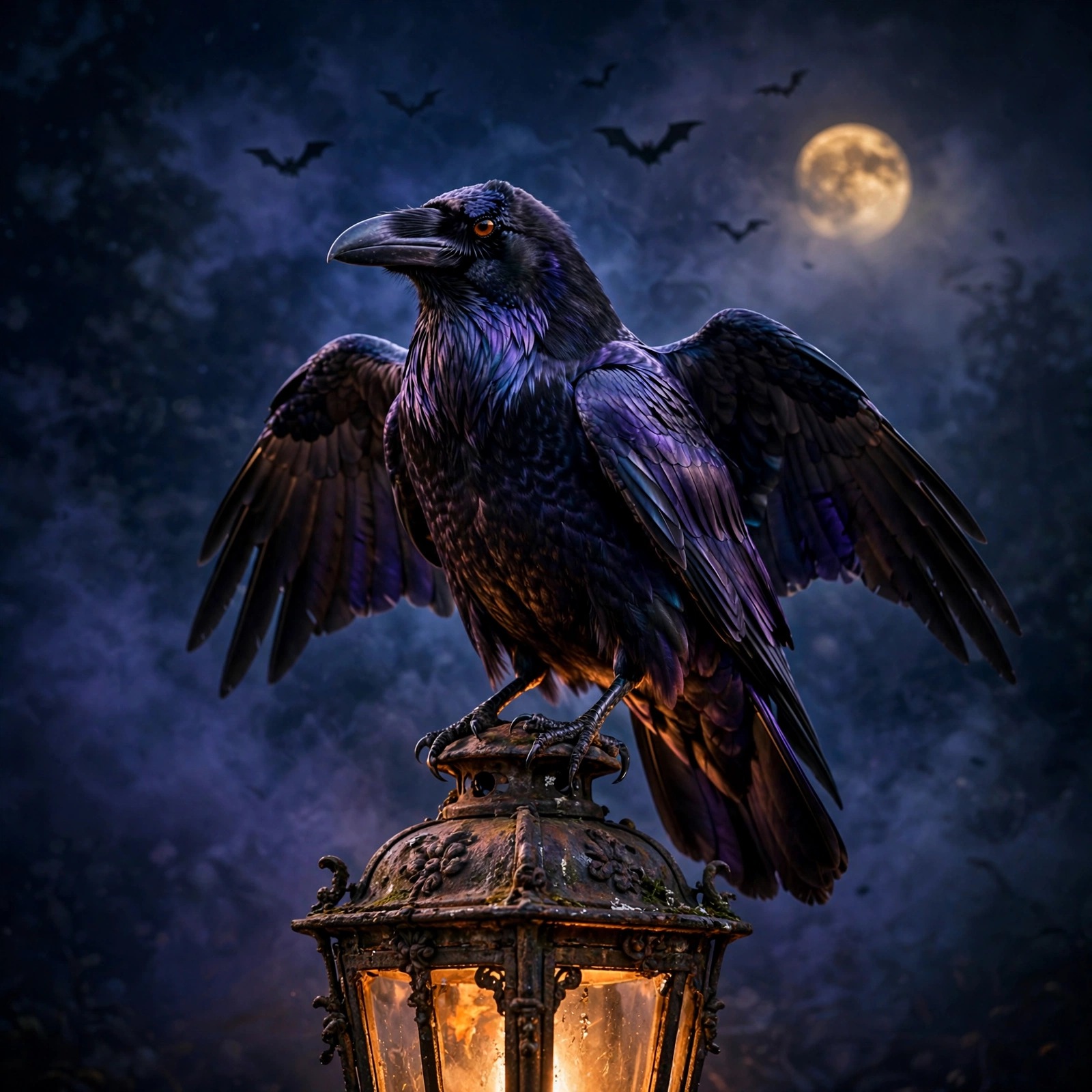 Black raven perched on a glowing lantern at night with bats and moon, square animal WhatsApp DP