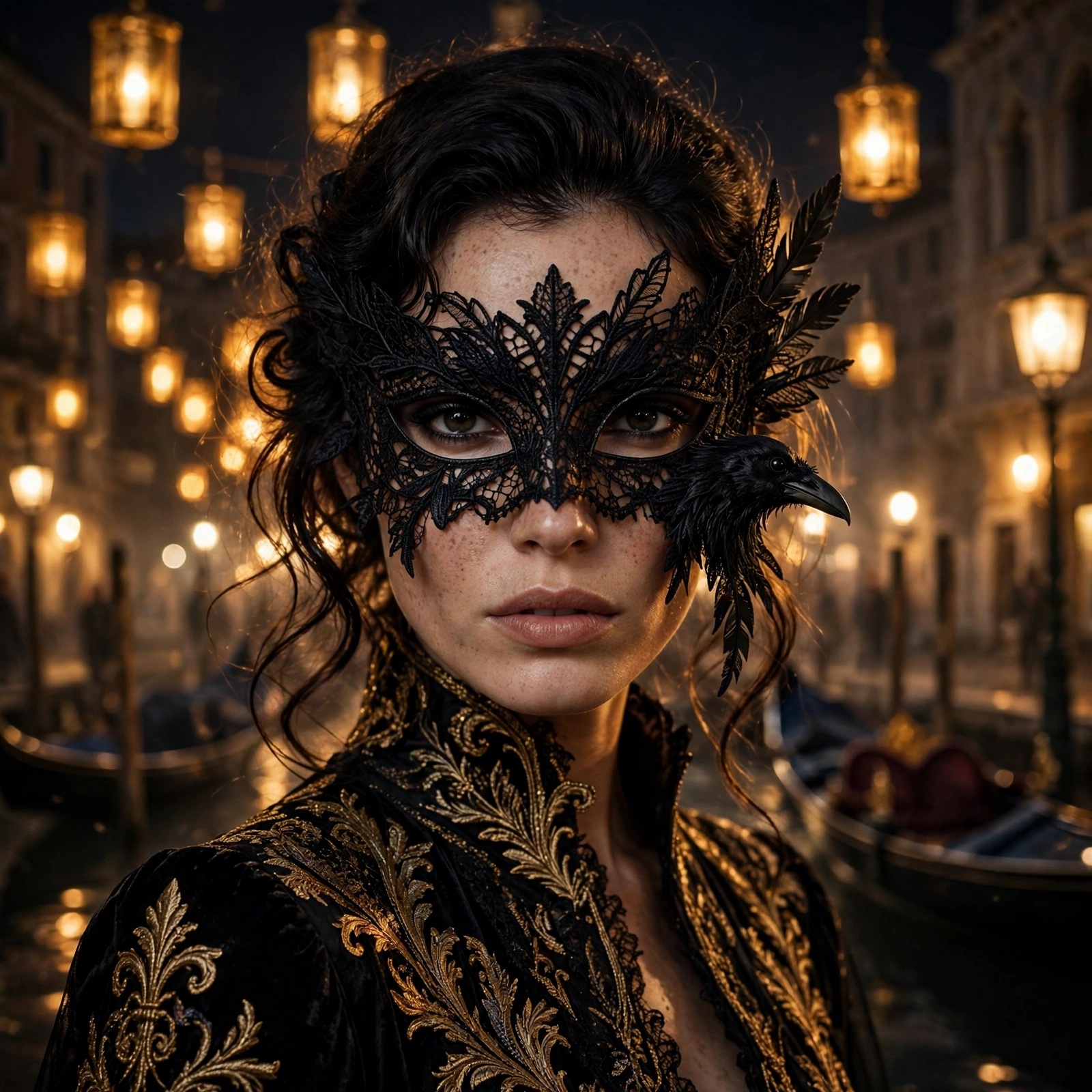 Woman in black lace raven masquerade mask at Venice carnival night with golden lantern bokeh, attitude WhatsApp DP
