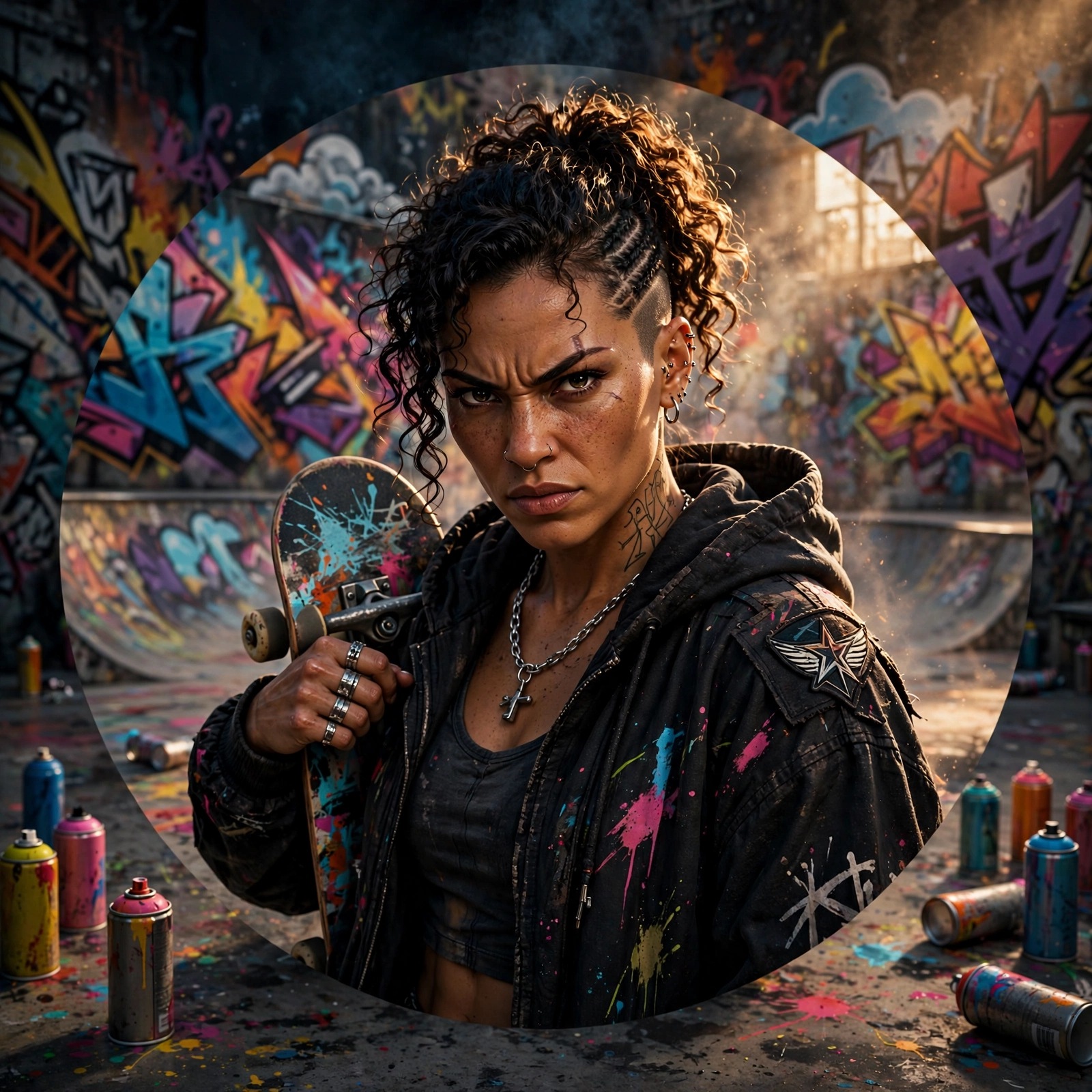 fierce skateboarder girl with graffiti murals rebel attitude dp