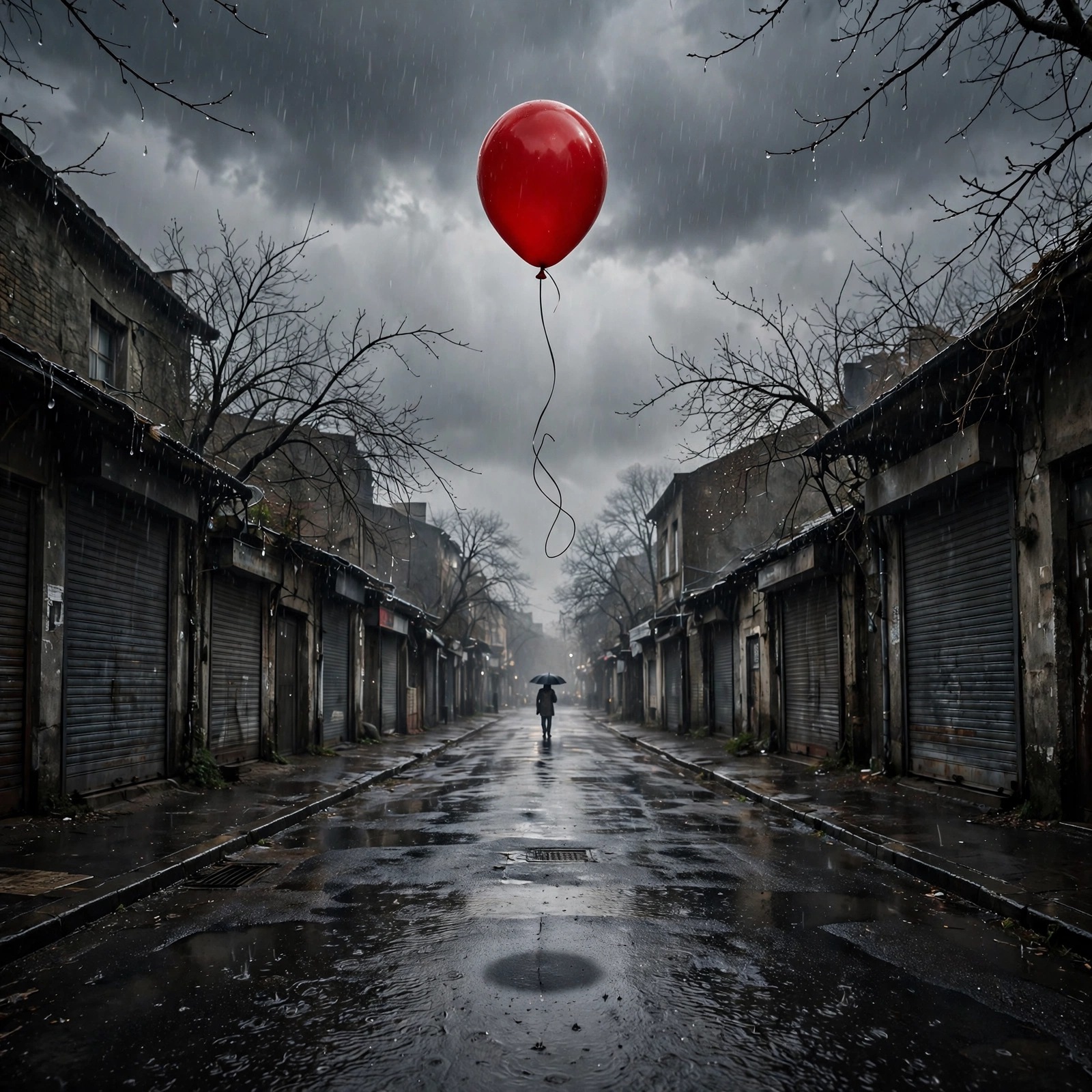 red balloon drifting into gray storm sky sad dp