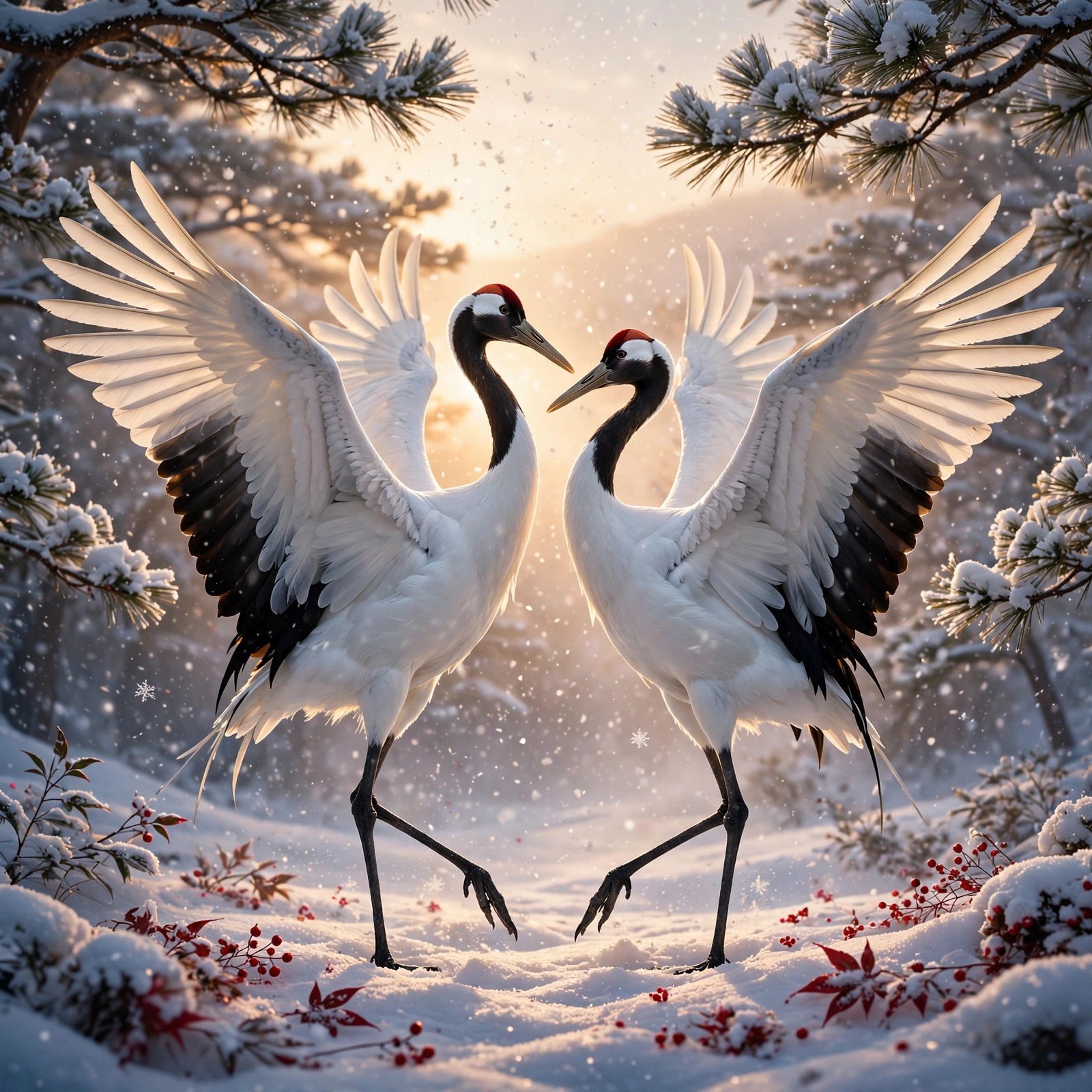 red crowned cranes dancing in snow at sunrise animals dp