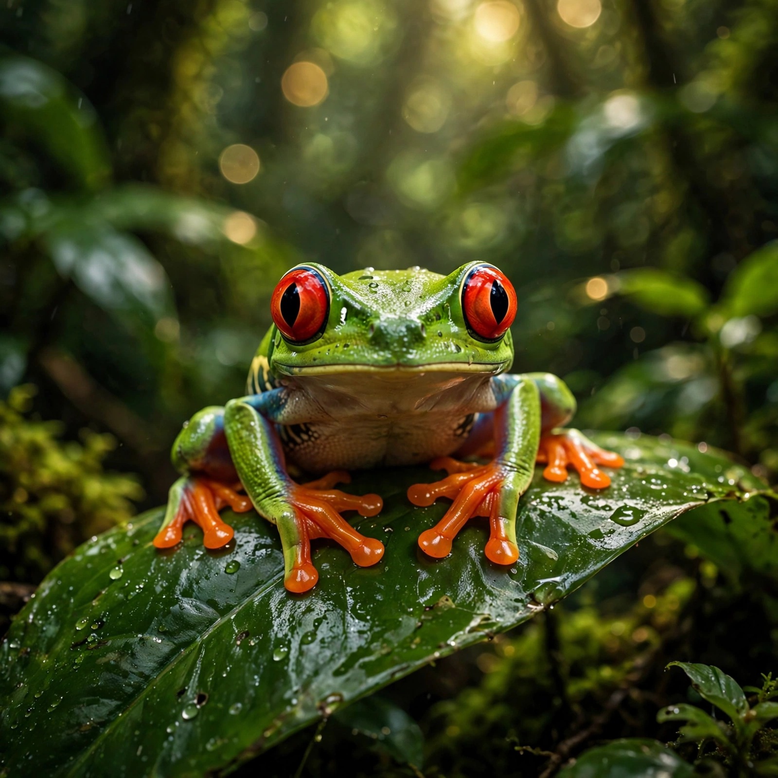 Red-eyed tree frog clinging to a glossy green leaf