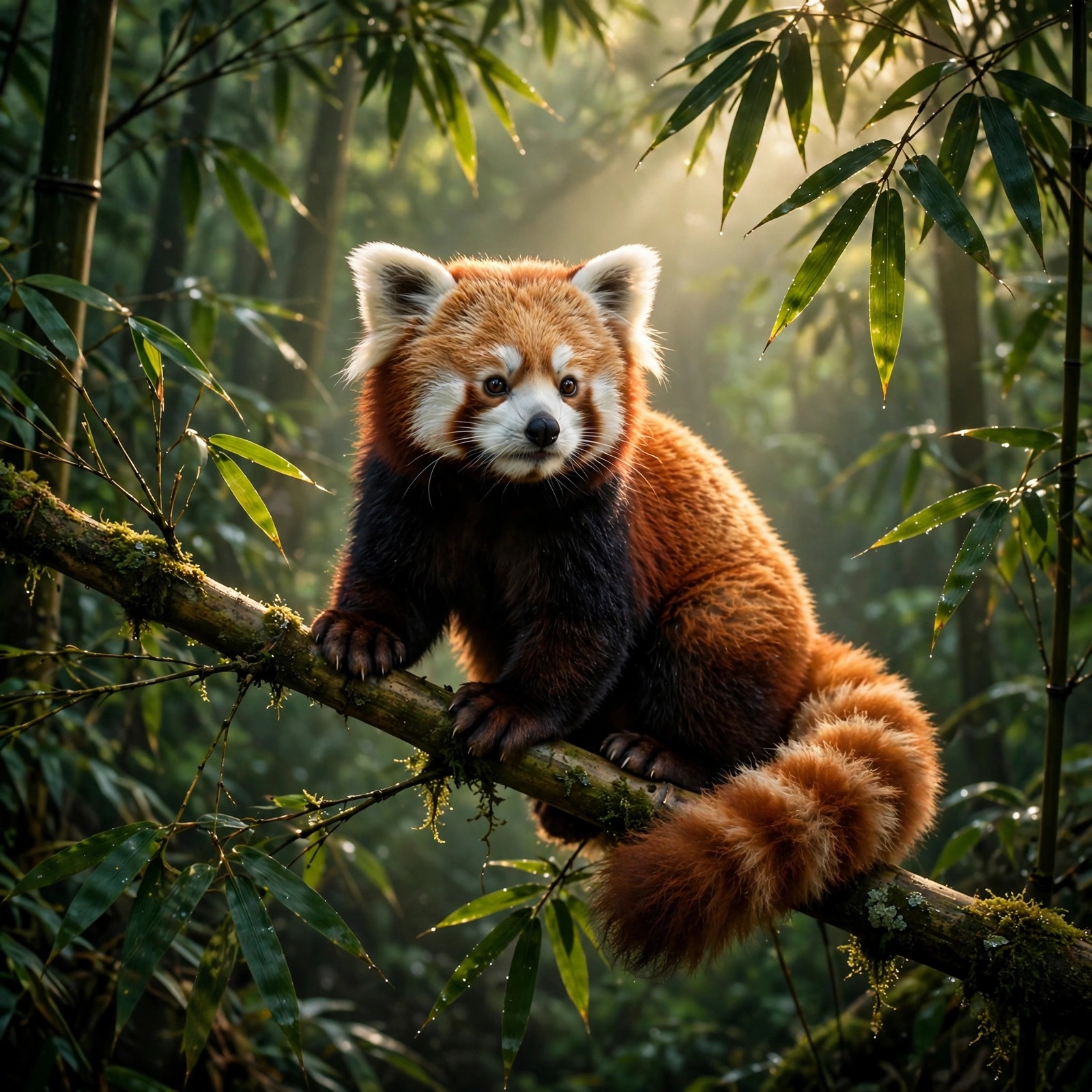 Red panda climbing a bamboo branch in morning light