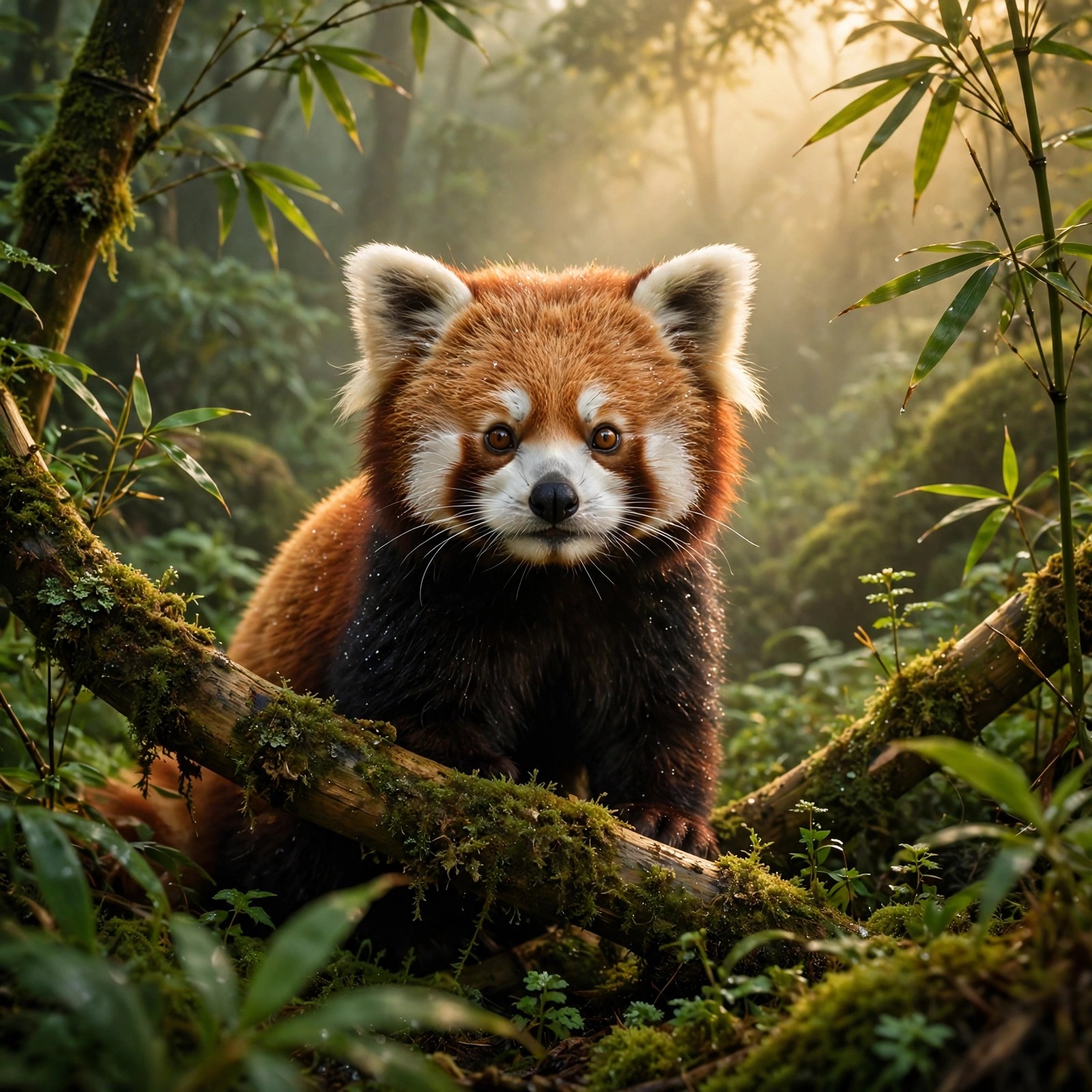 Red panda profile picture in a misty bamboo forest