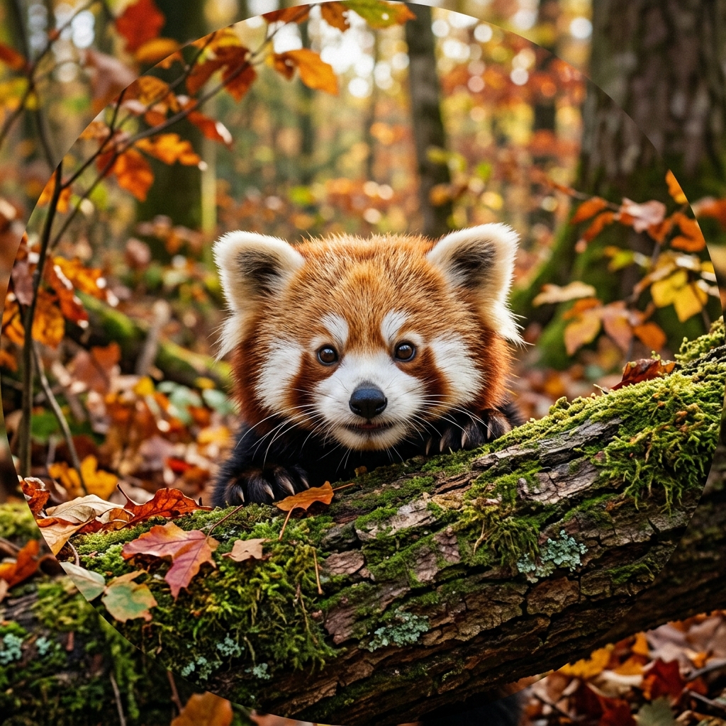 A young red panda peeks over a mossy log surrounded by autumn leaves