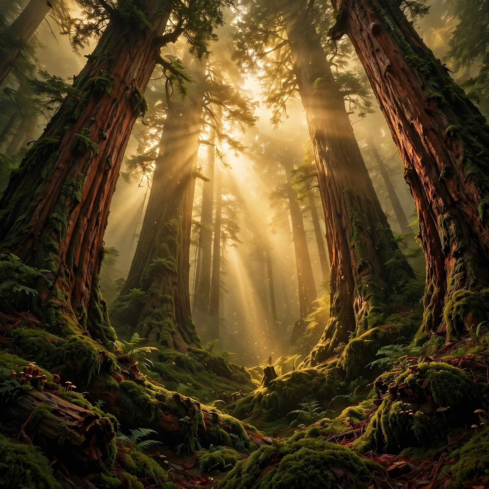 Ancient redwoods towering into golden fog with sunlight shafts, nature DP