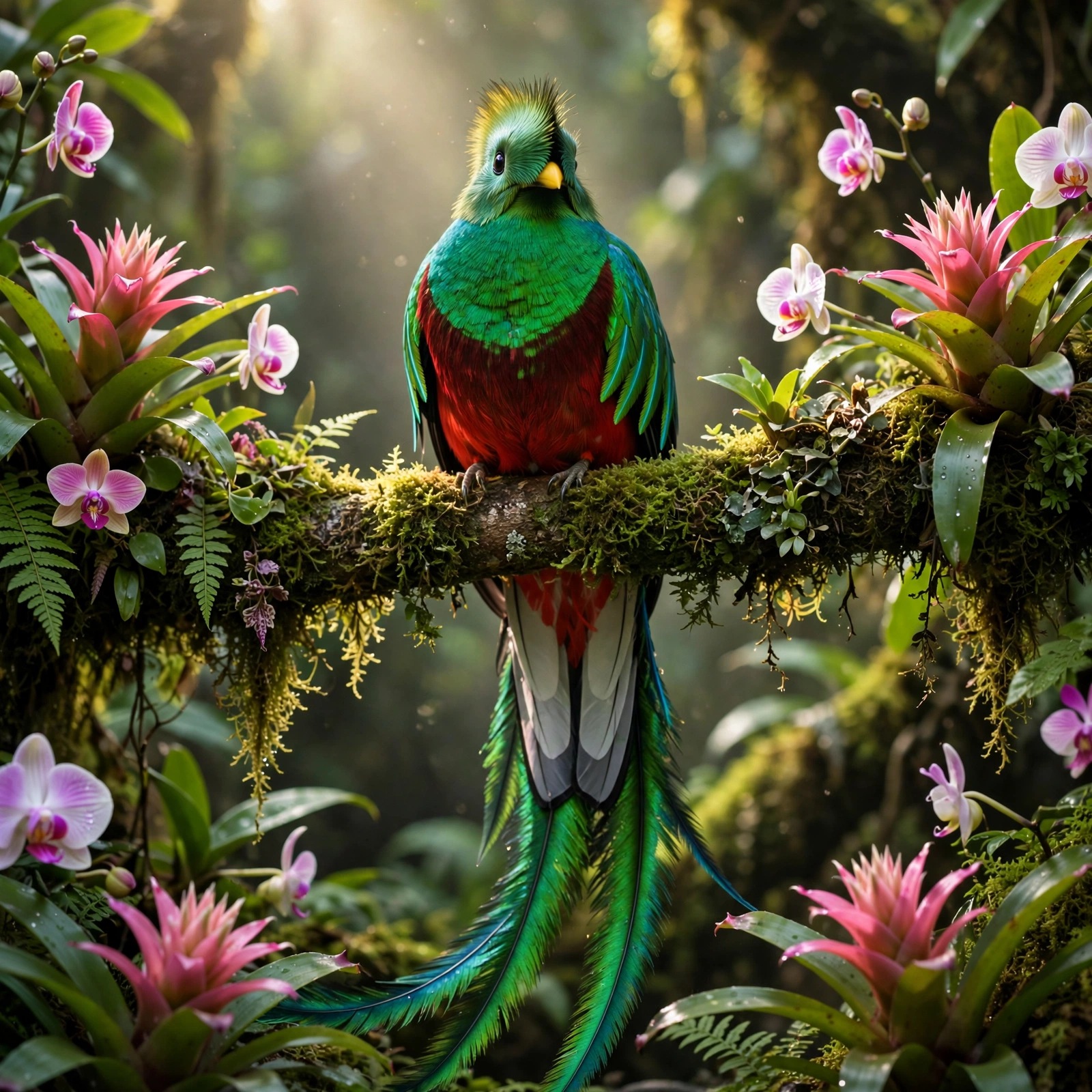 Resplendent quetzal on mossy branch among orchids in cloud forest, square animal DP