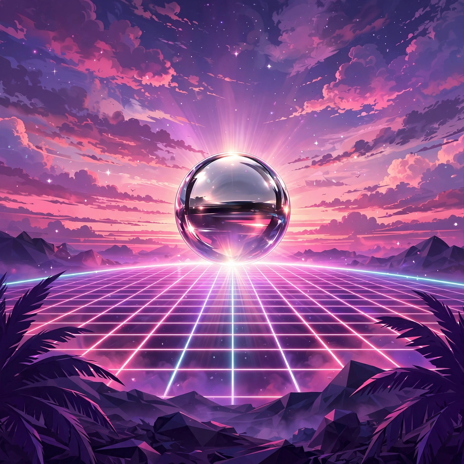 Retro vaporwave sunset with a glowing grid horizon and chrome sun