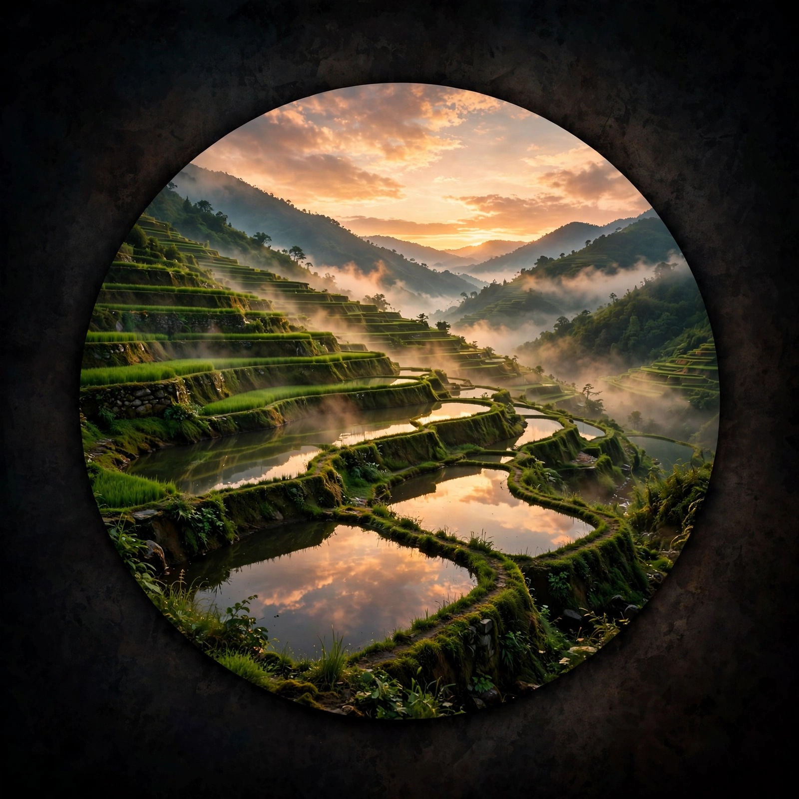 Rice terraces at dawn with mist, nature DP