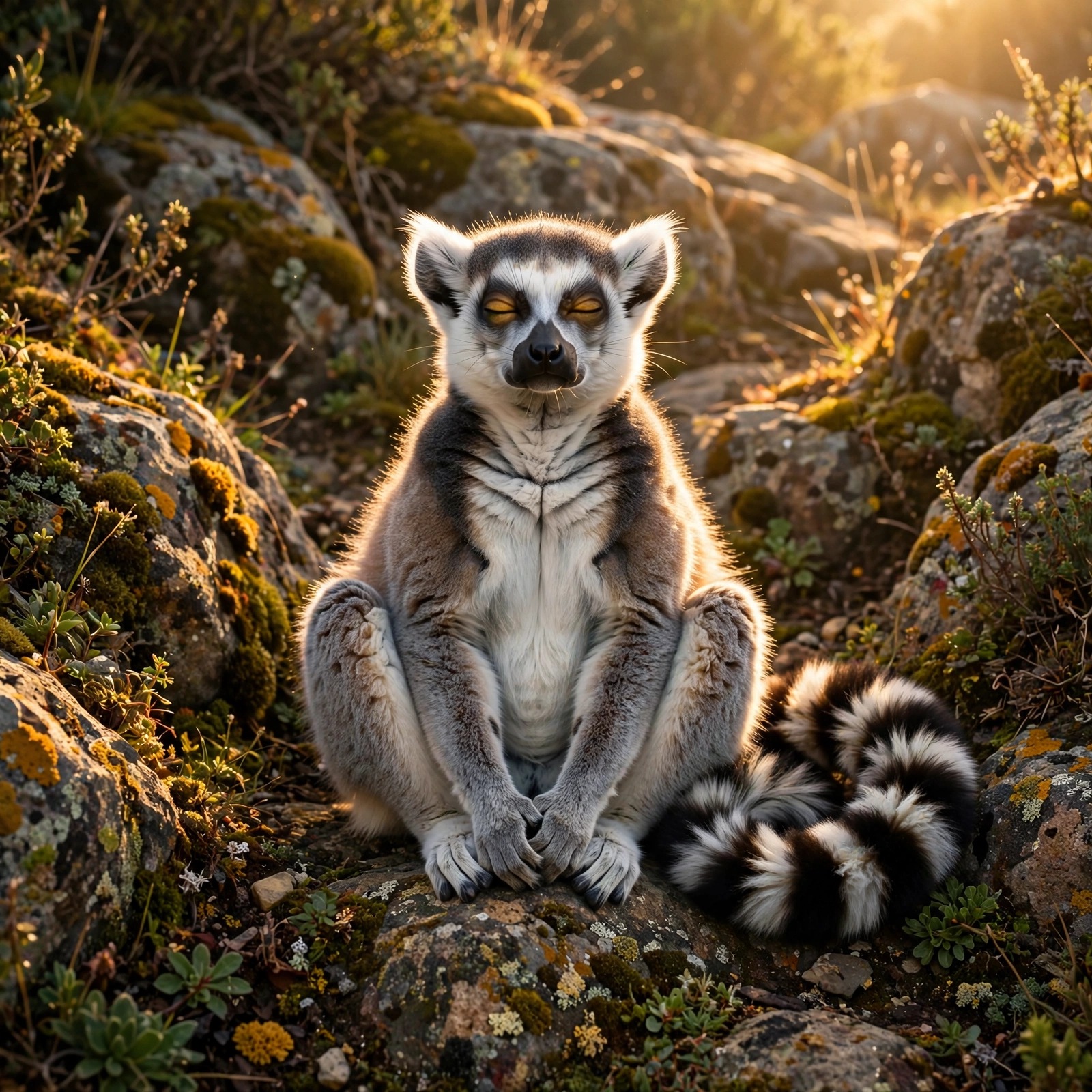 Ring-tailed lemur sunbathing upright on sunlit rocks