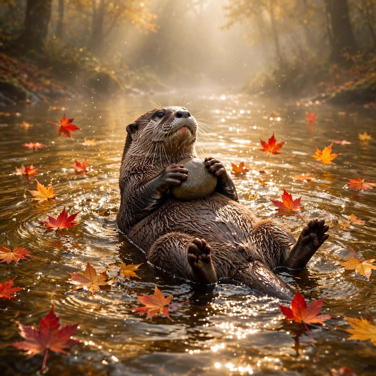 Playful river otter floating in golden autumn river water with red maple leaves, animal WhatsApp DP