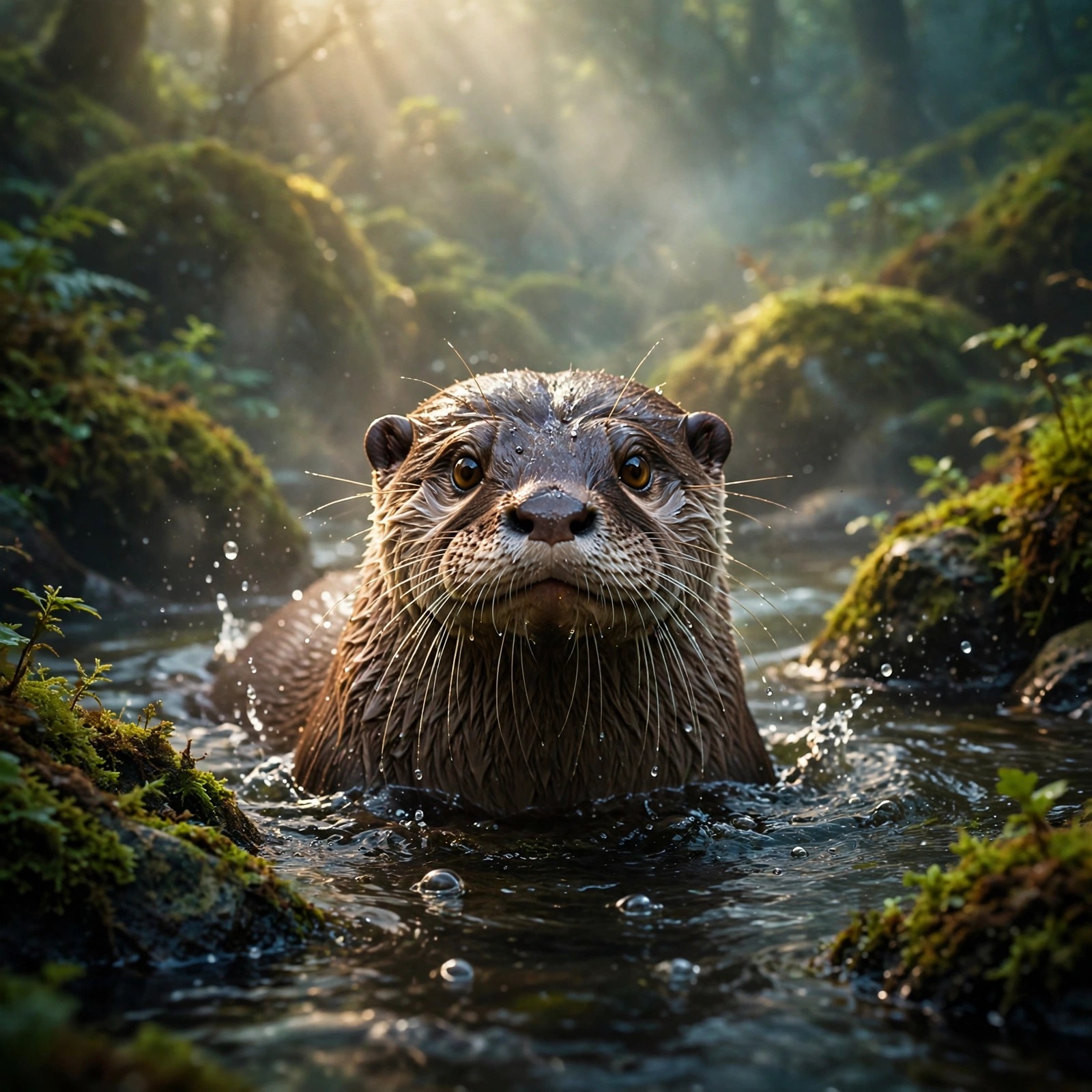 River otter in misty stream DP