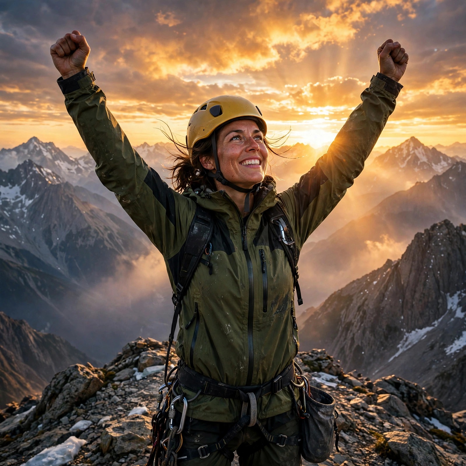 Rock climber at summit sunrise DP