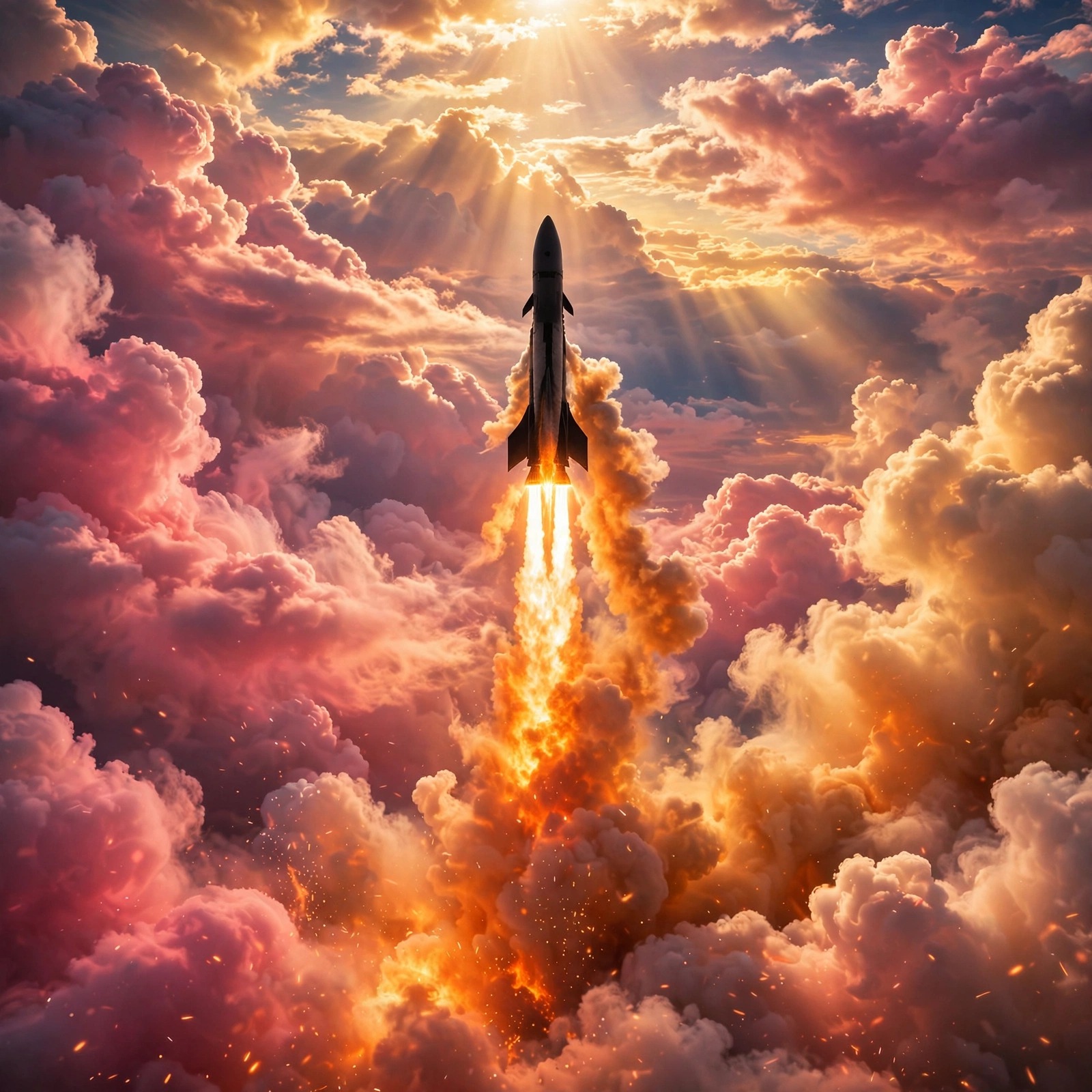 Rocket launching through pink dawn clouds with fire trail, square motivational profile picture
