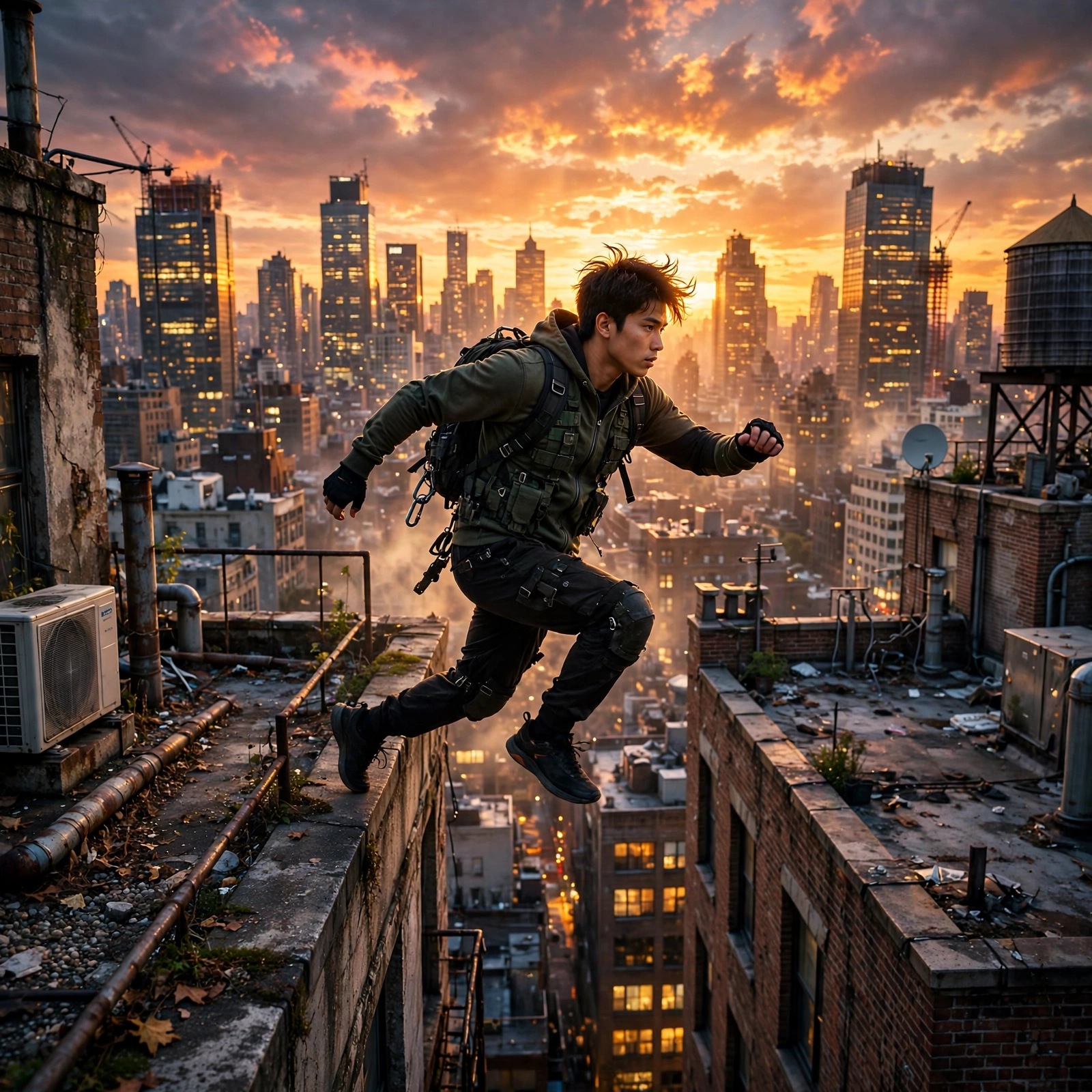 Rooftop Parkour Runner at Sunset