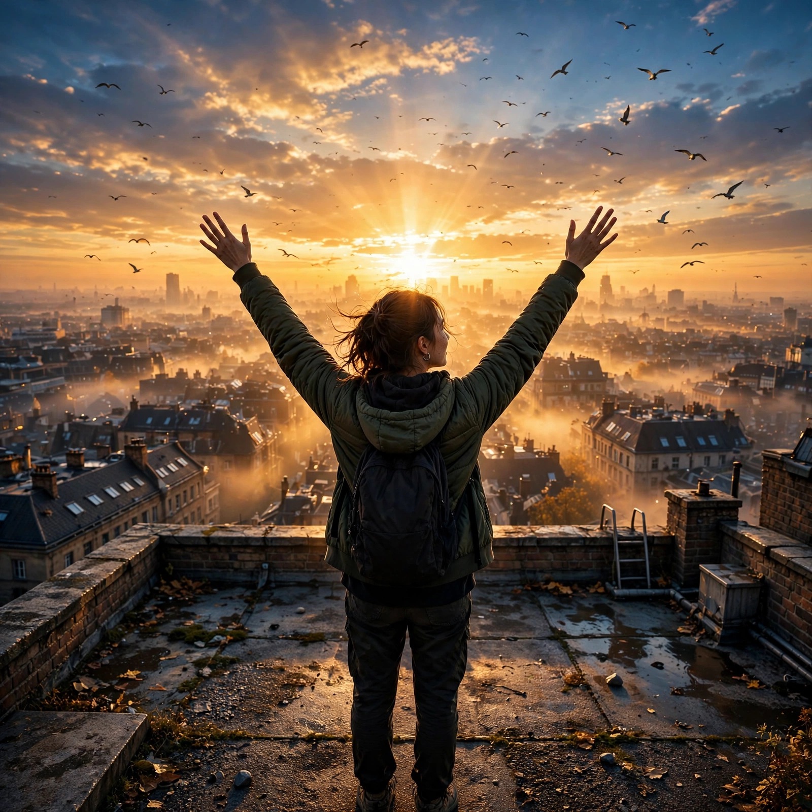person with raised arms at sunrise over city rooftops